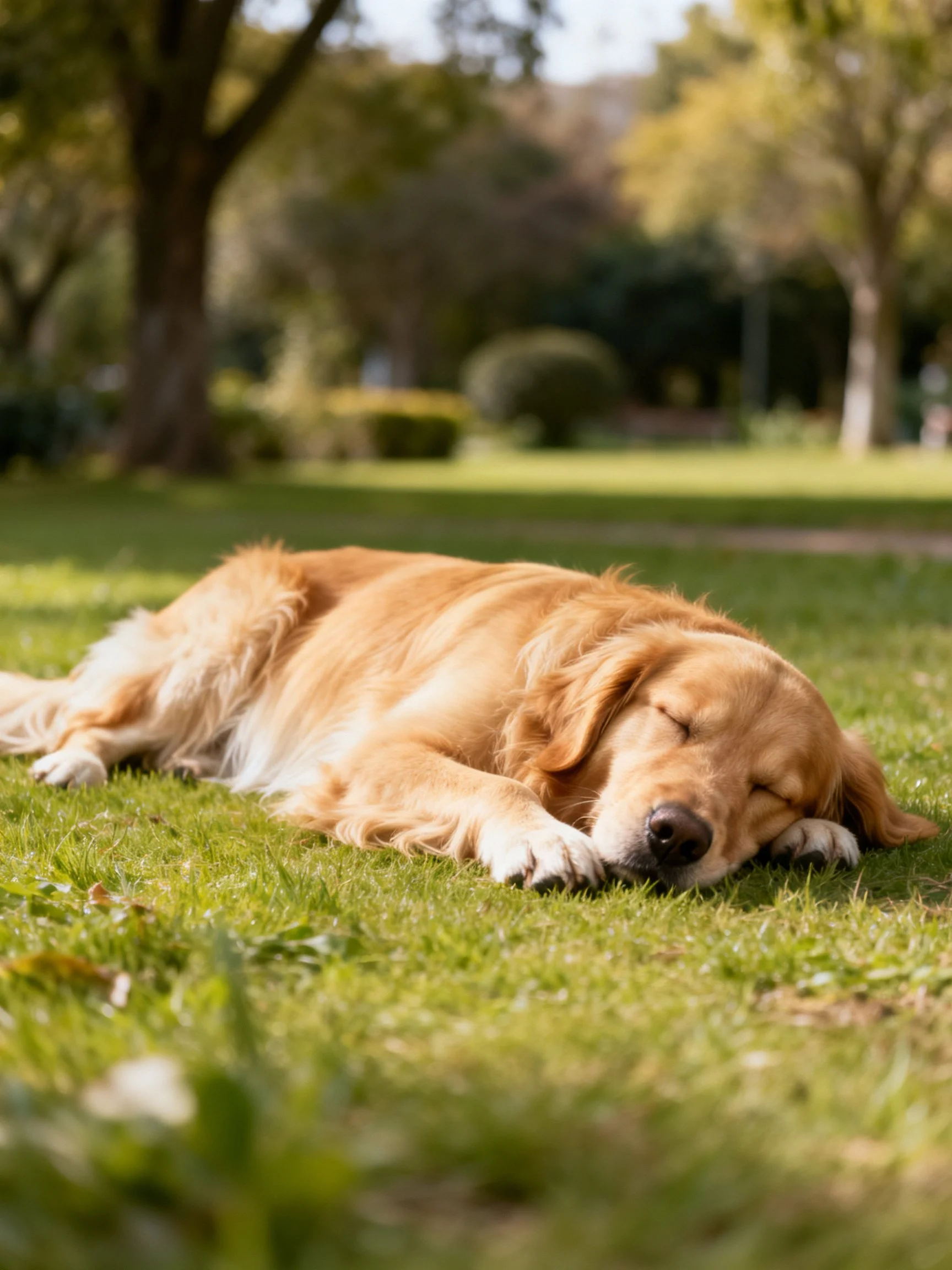 Golden retriever napping on vibrant green lawn