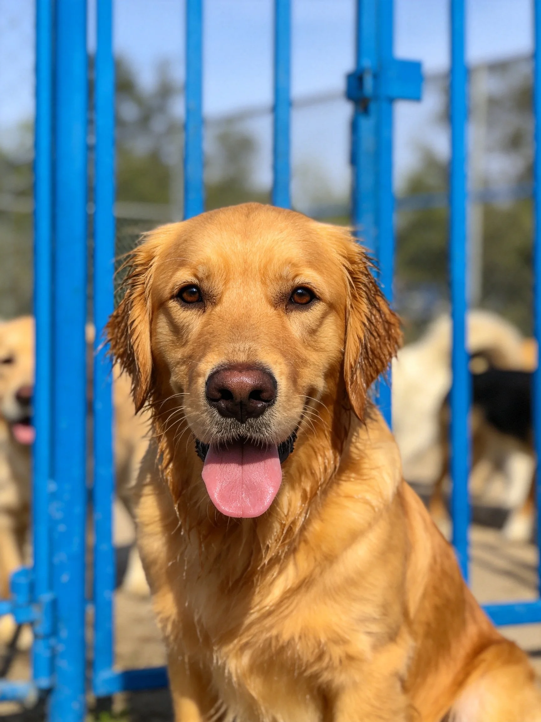 A golden retriever stands near blue bars with other dogs nearby.