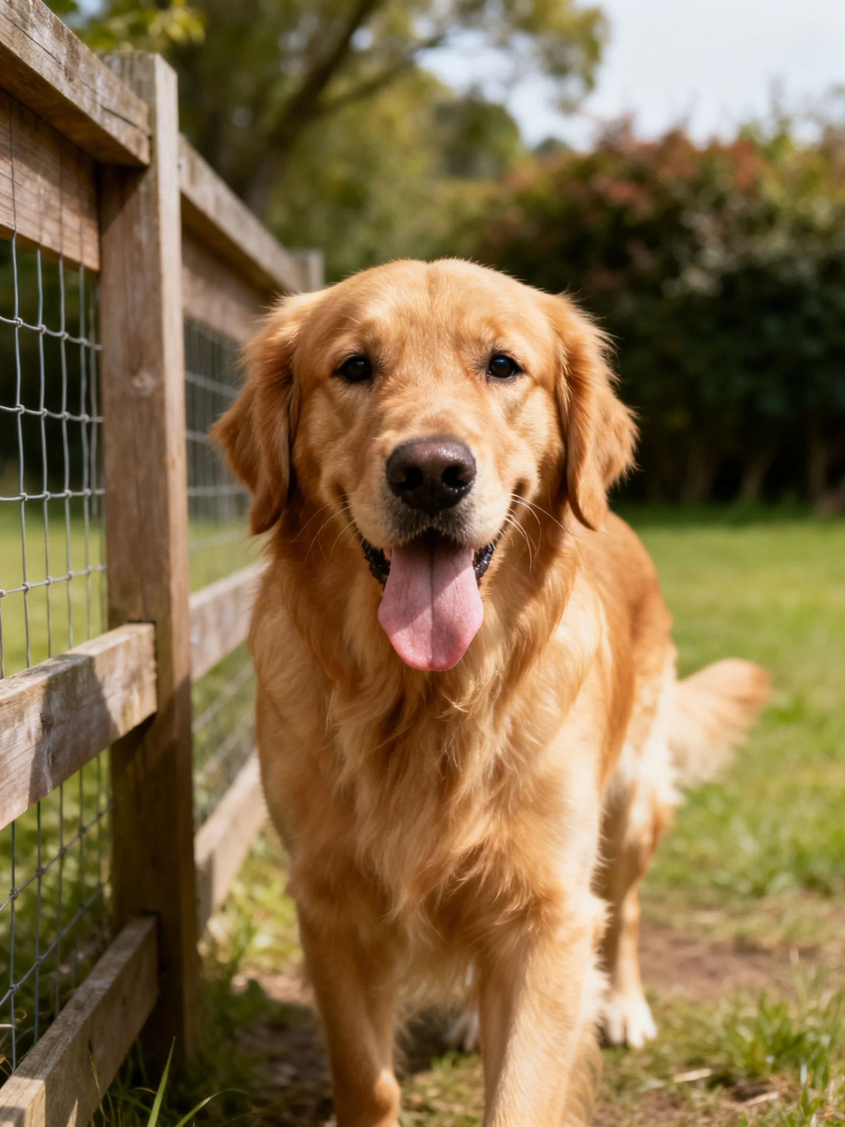 Golden retriever next to wooden fence in sunny landscape