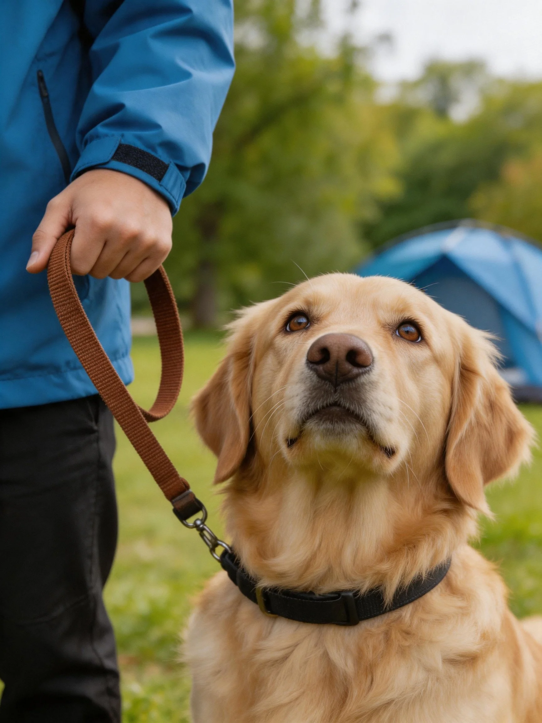 Golden retriever on brown leash near blue tent in green field