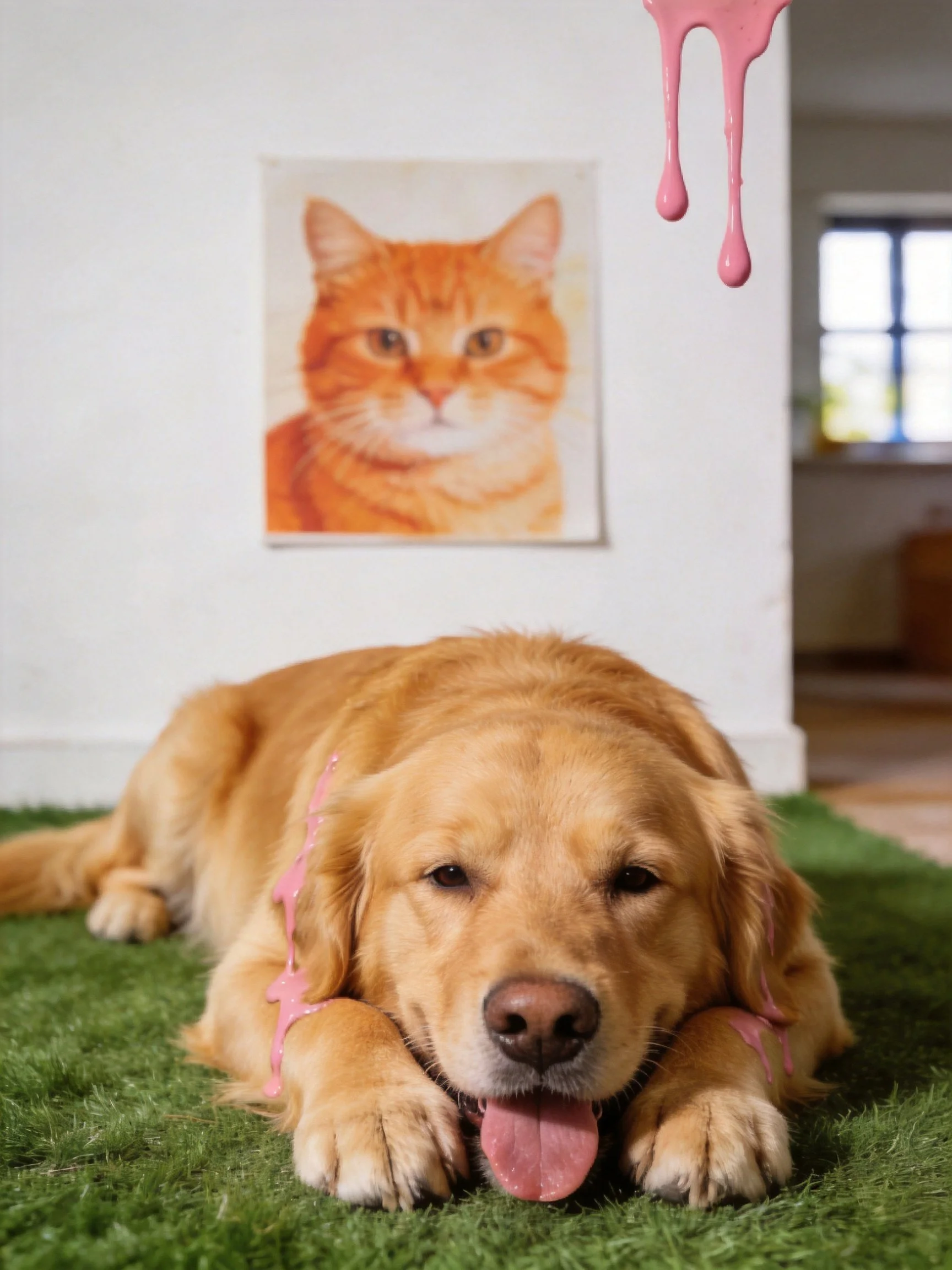 A golden retriever relaxes on green turf with pink drips next to an orange cat painting on the wall.