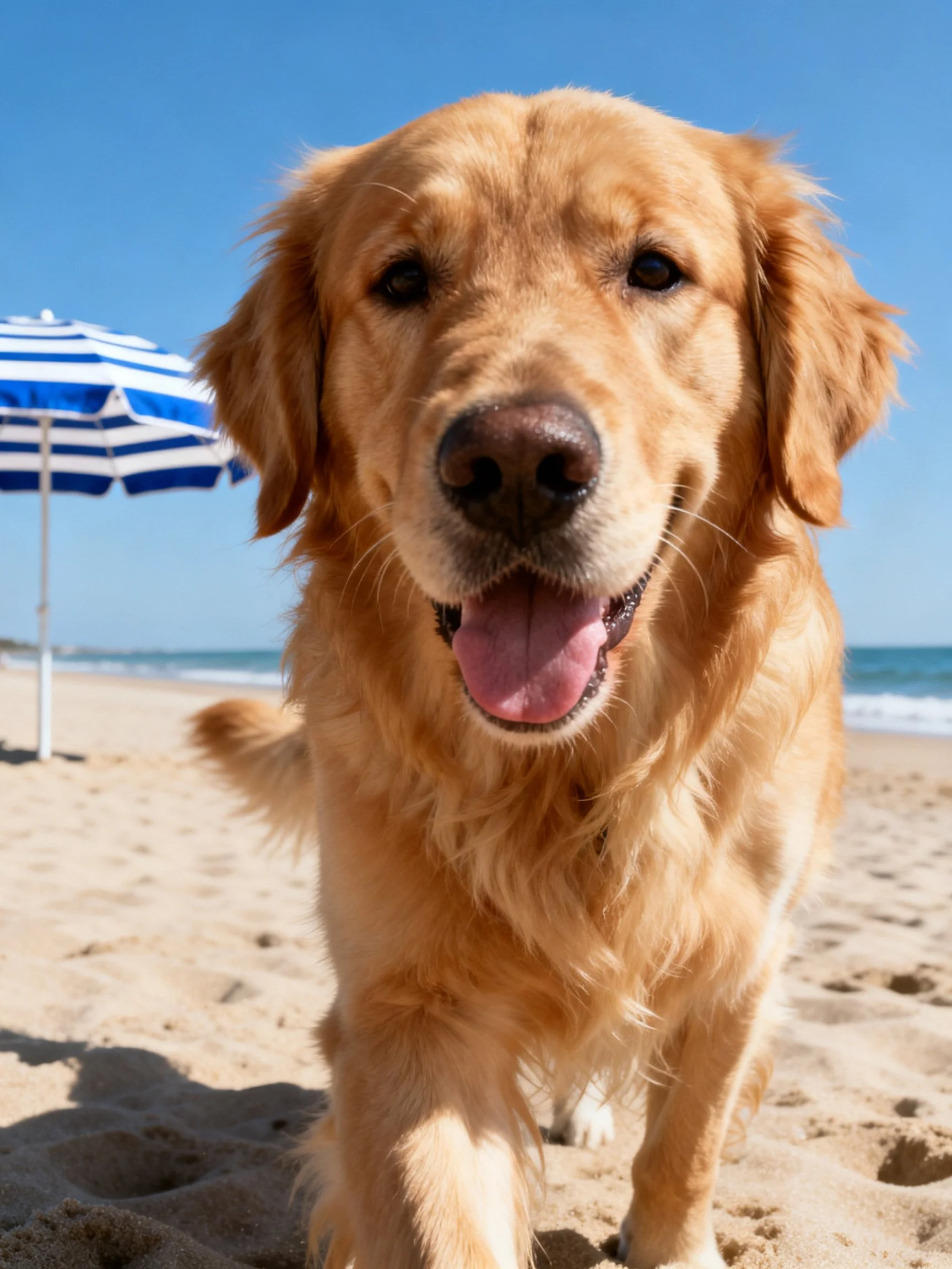 Golden retriever on sandy beach by blue - white umbrella