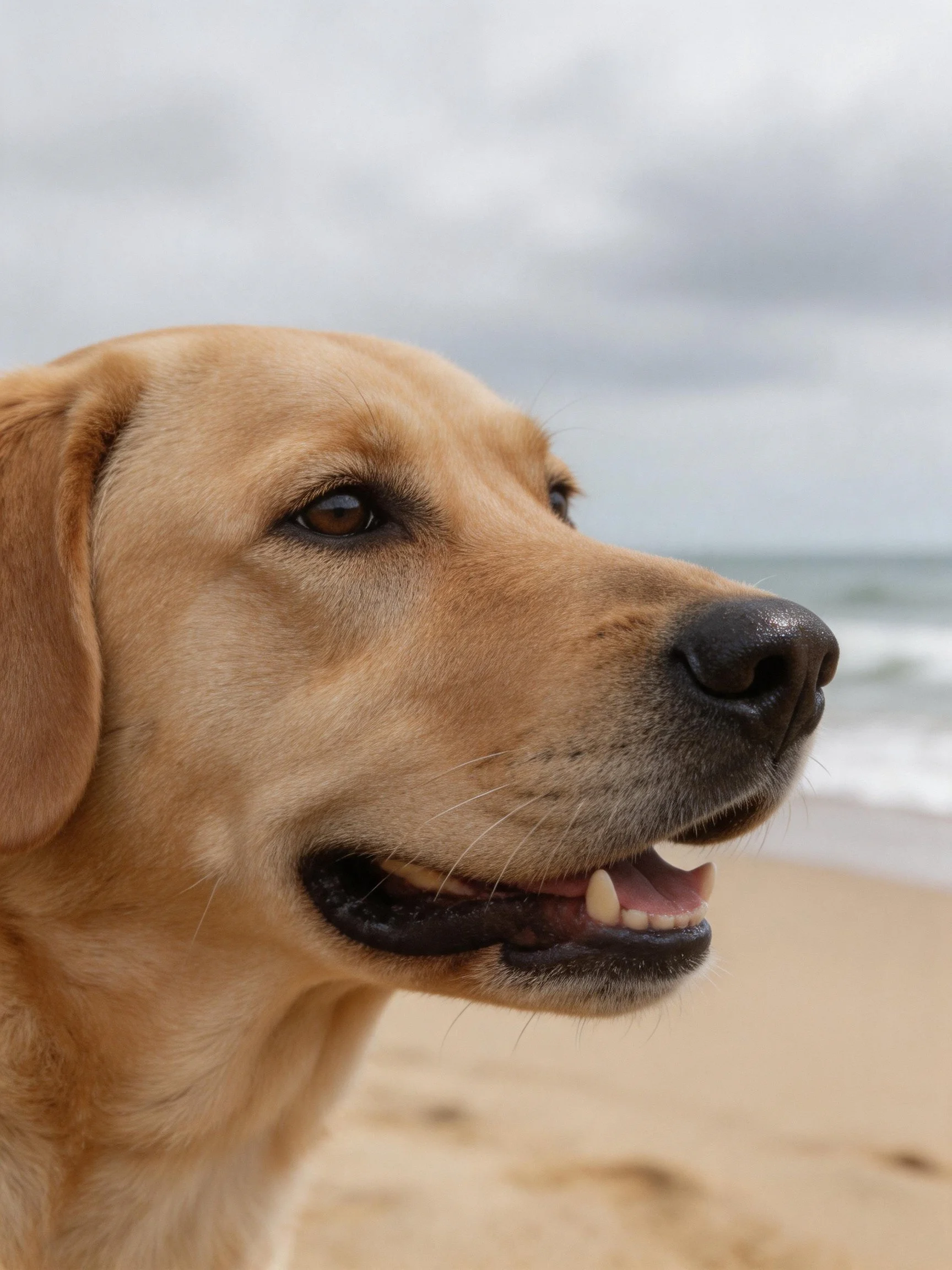 A golden retriever stands on a sandy beach with ocean waves in the distance.