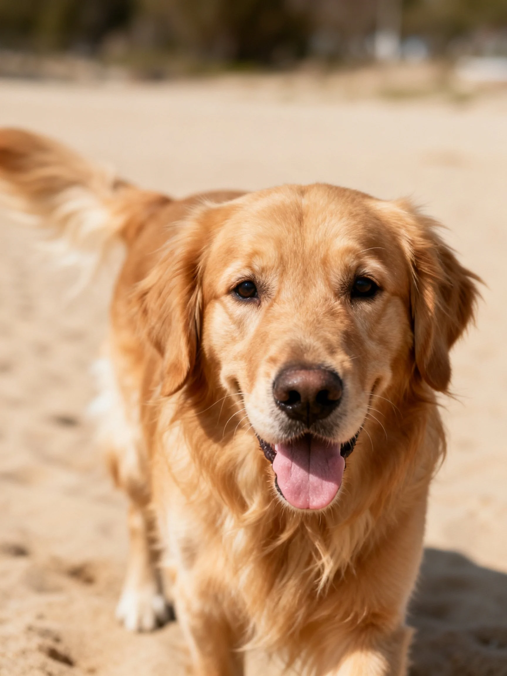 A golden retriever enjoys time on sandy terrain under bright sunlight.