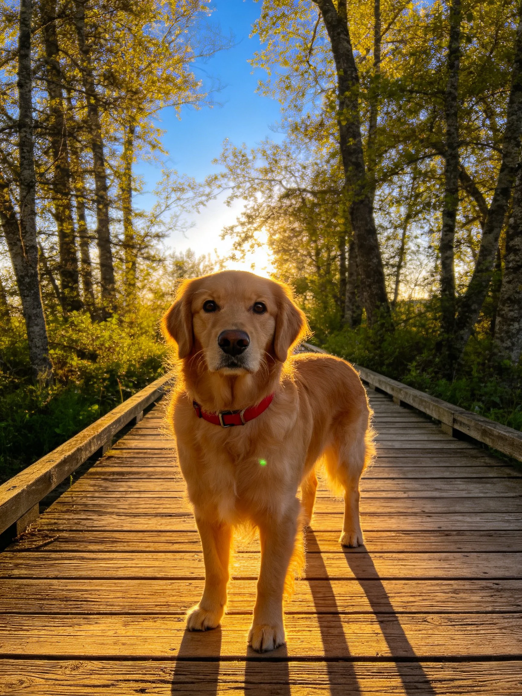 A golden retriever stands on a sunlit wooden path among trees.