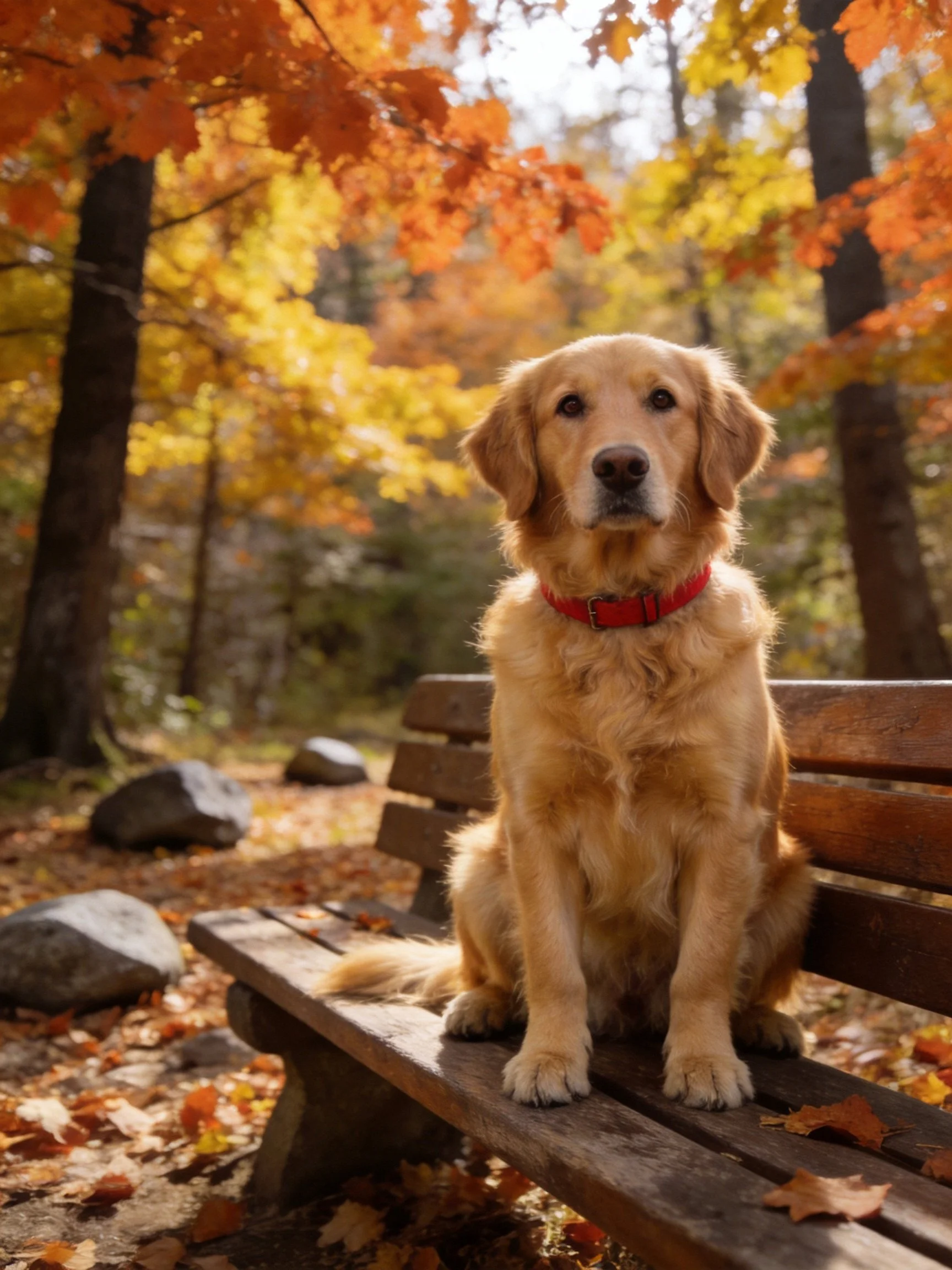 Golden retriever on wooden bench amid fall foliage