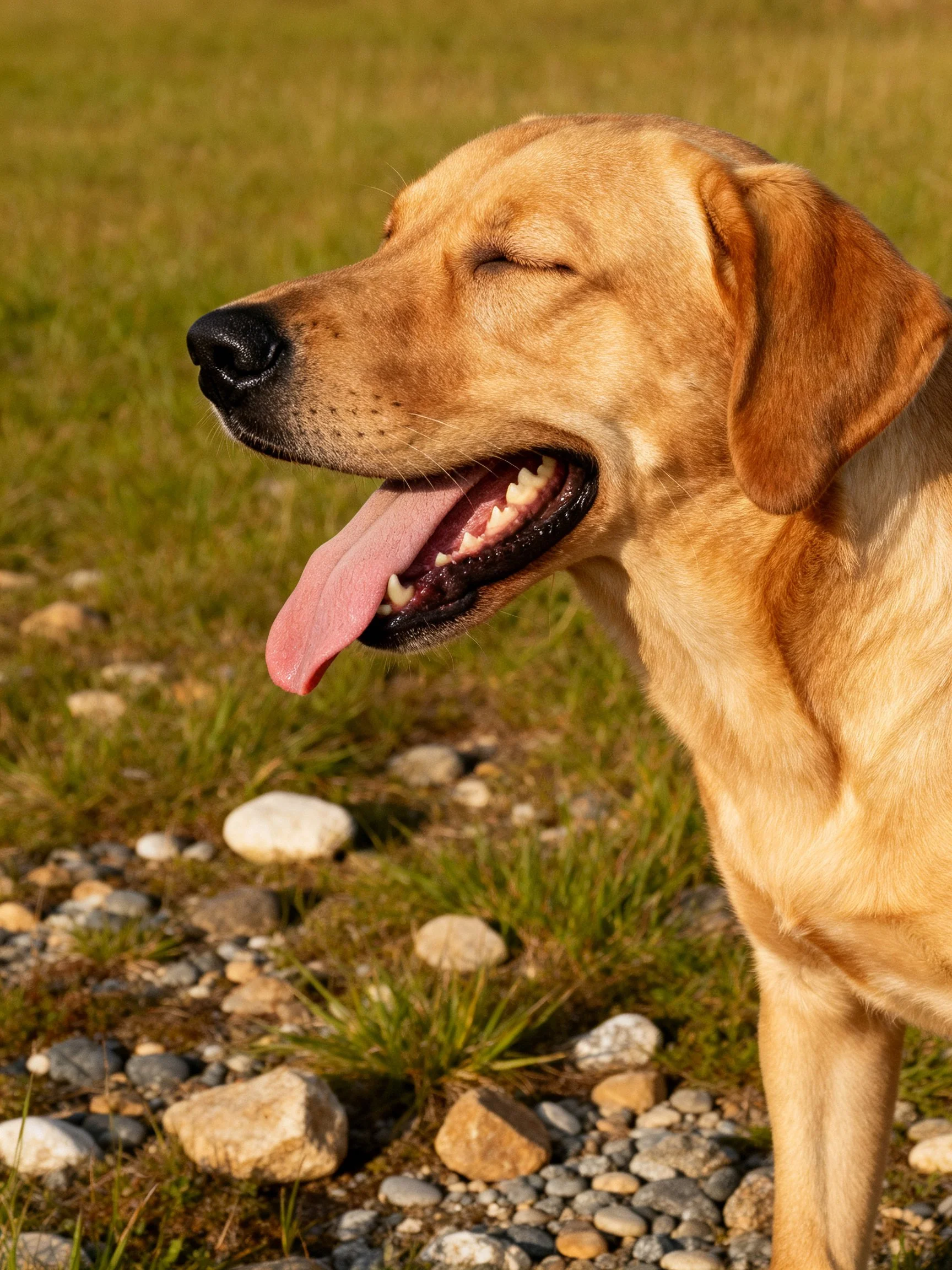 Golden retriever panting in a rocky, grassy field