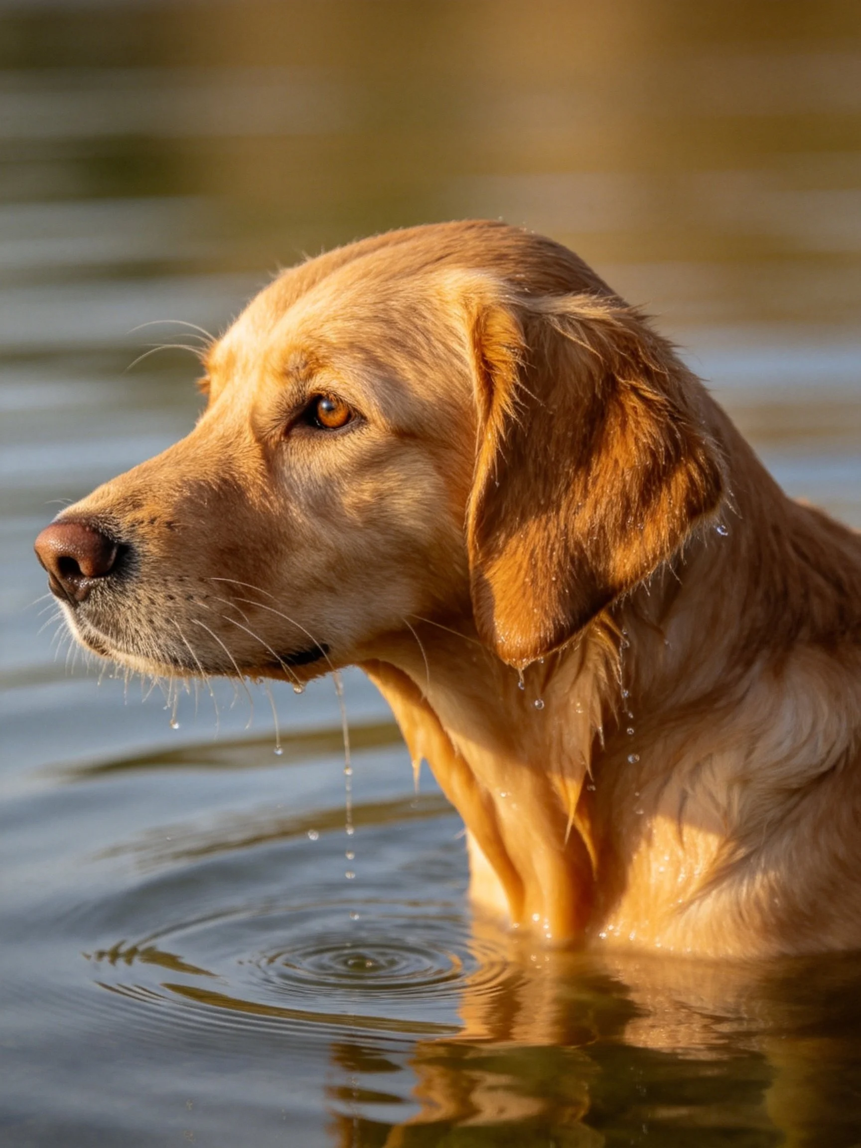 Golden retriever partially submerged in calm, rippling water with water droplets