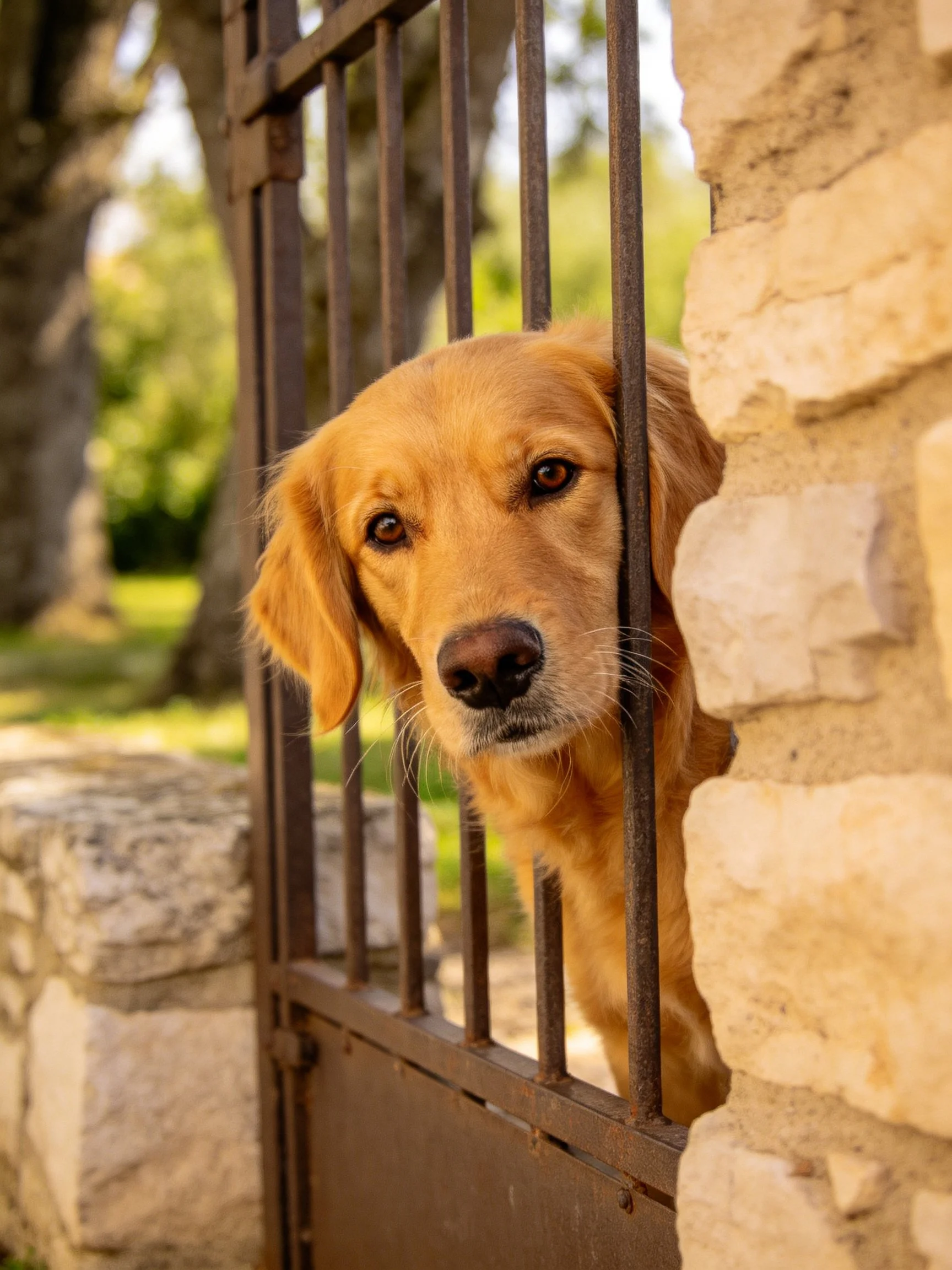 A golden retriever looks out from behind an iron gate near stone structures.