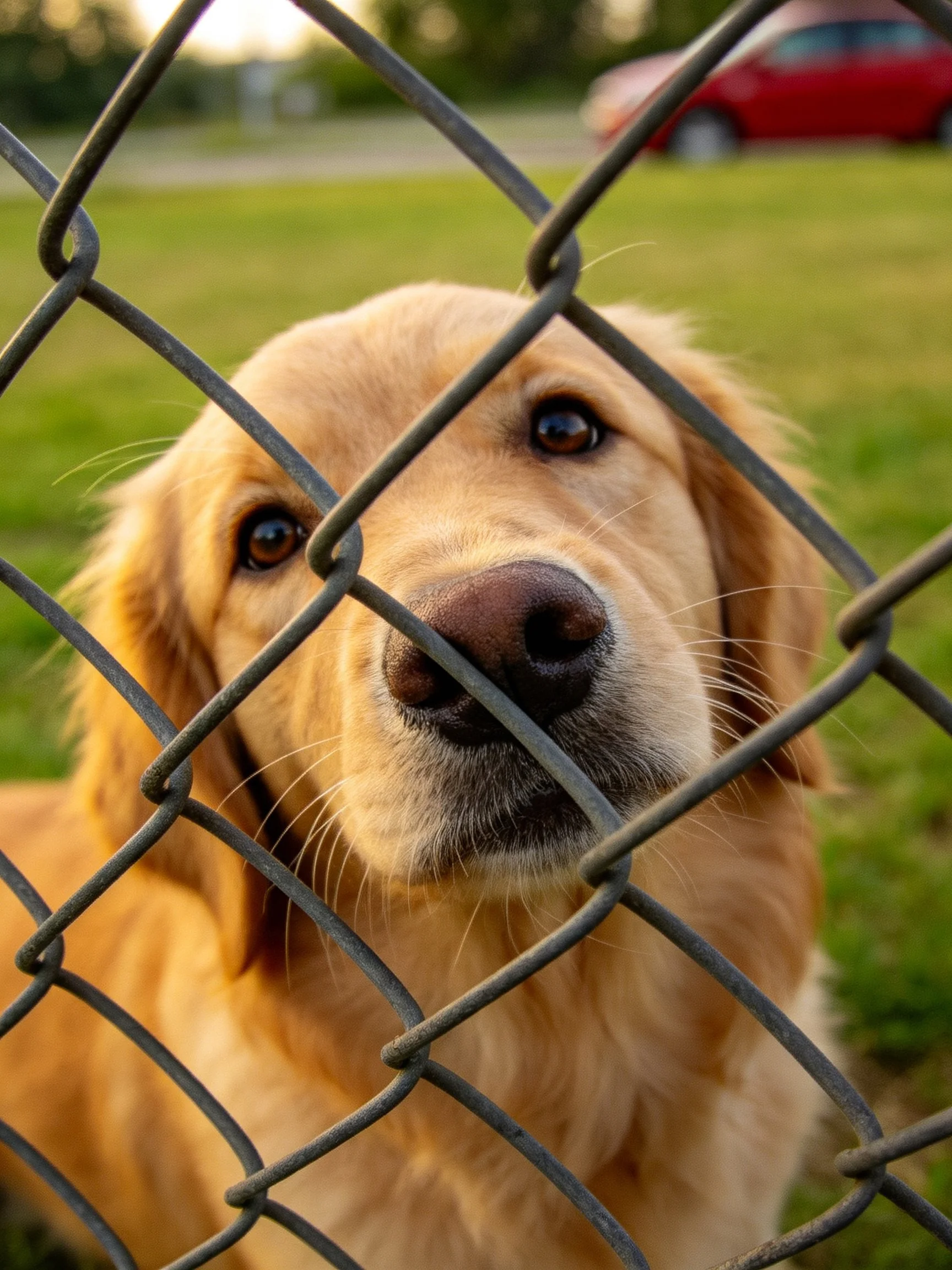 A golden retriever looks through a chain-link fence in an outdoor setting.