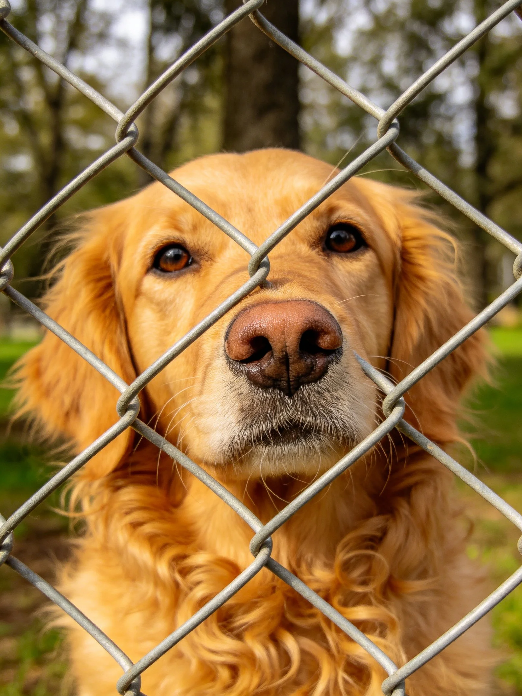 Golden retriever peering through silver chain-link fence outdoors
