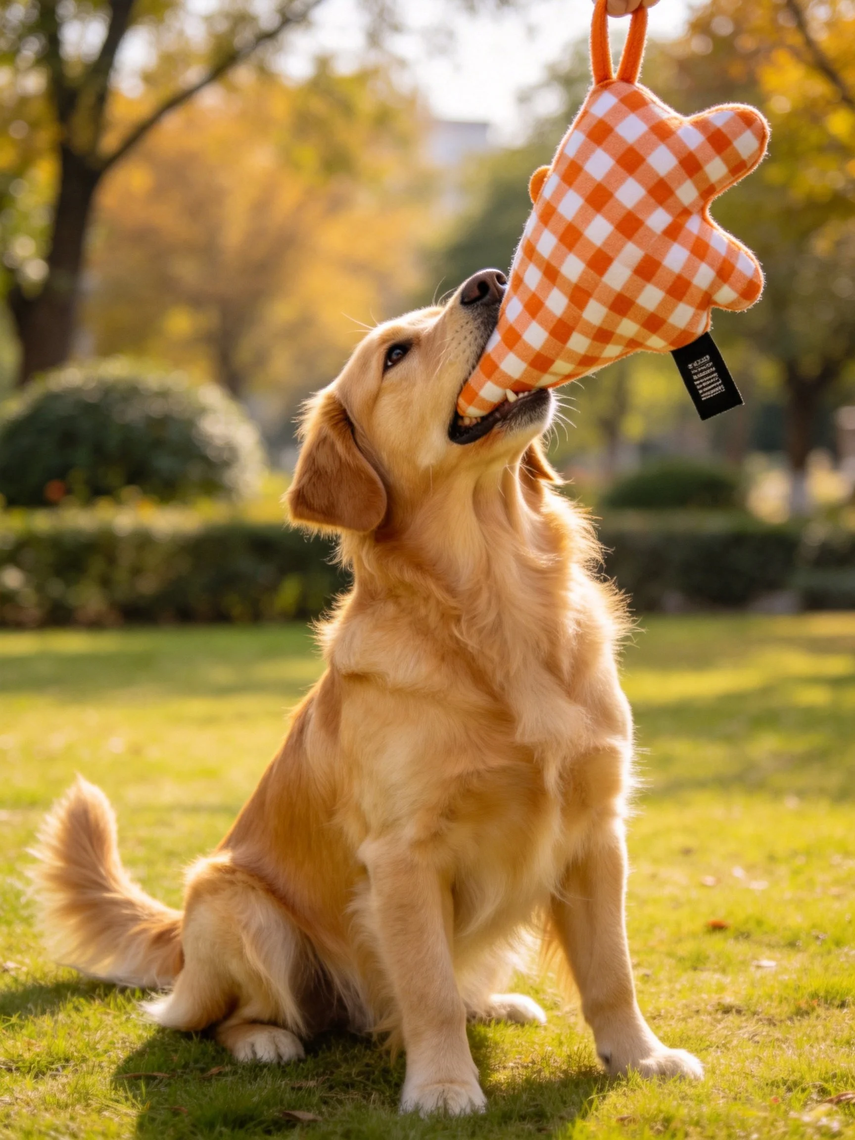 Golden retriever plays with orange checkered toy in park
