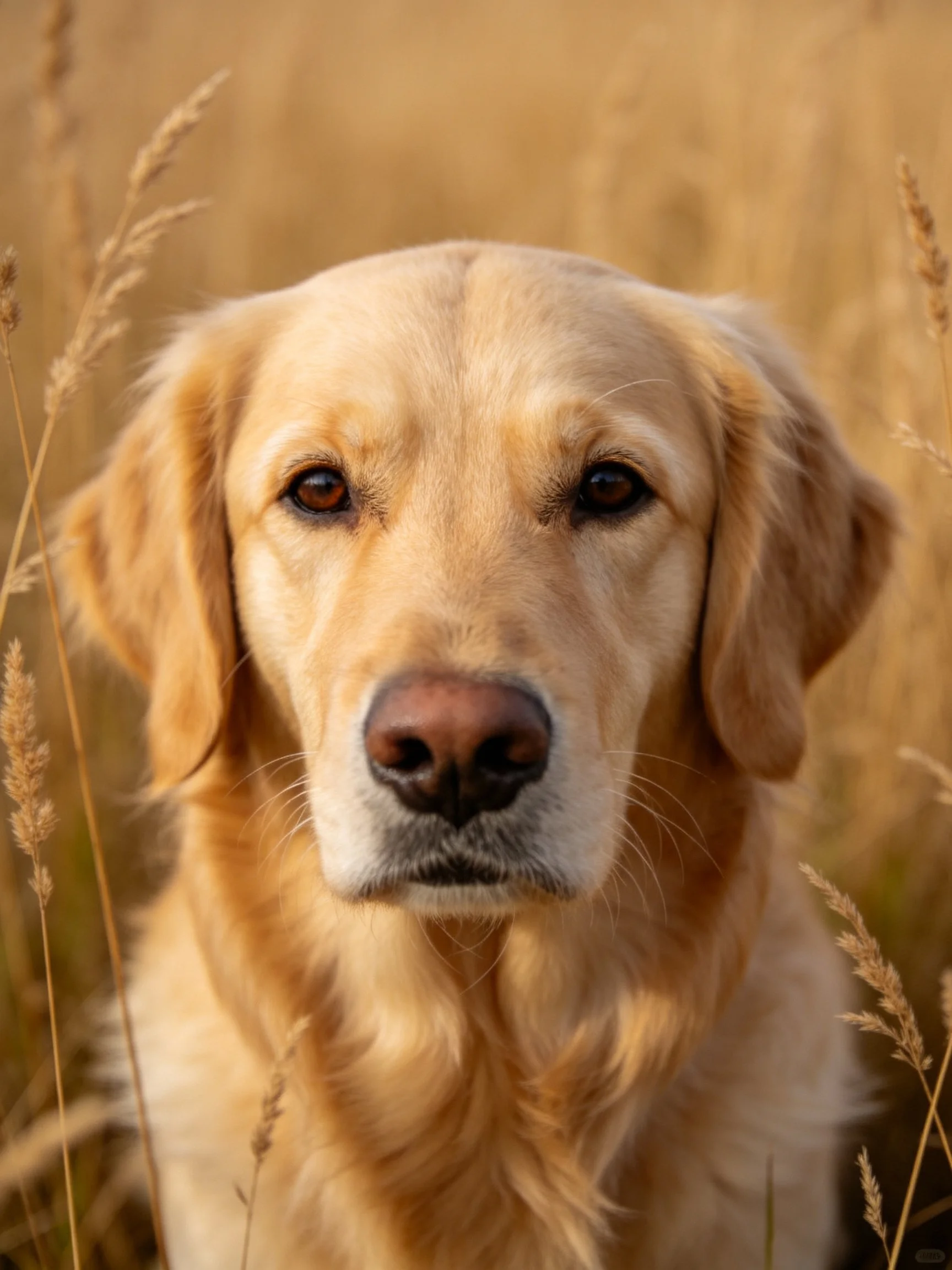 A golden retriever stands calmly among tall grasses in a sunlit field.
