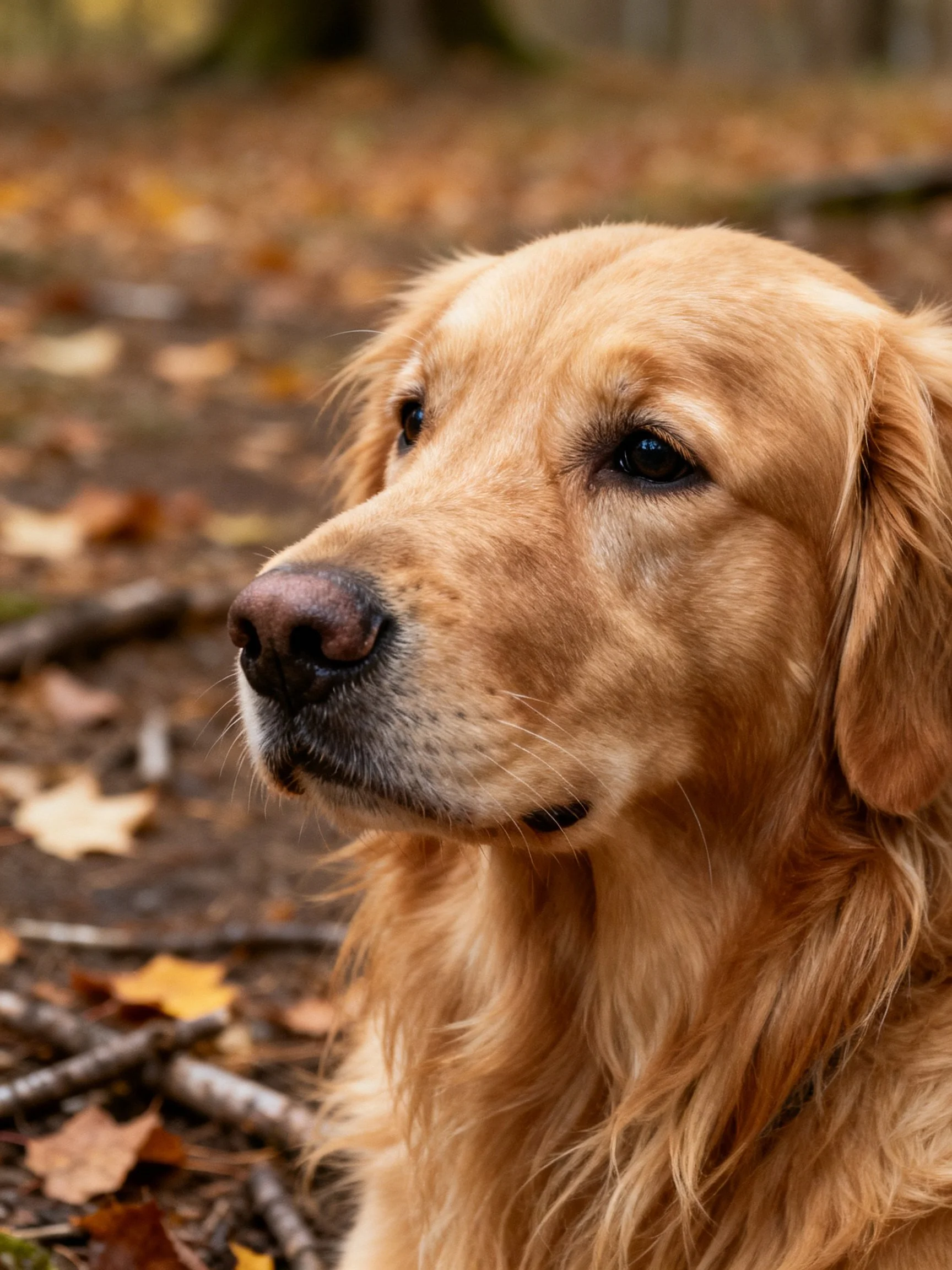 Golden retriever portrait surrounded by autumn leaves