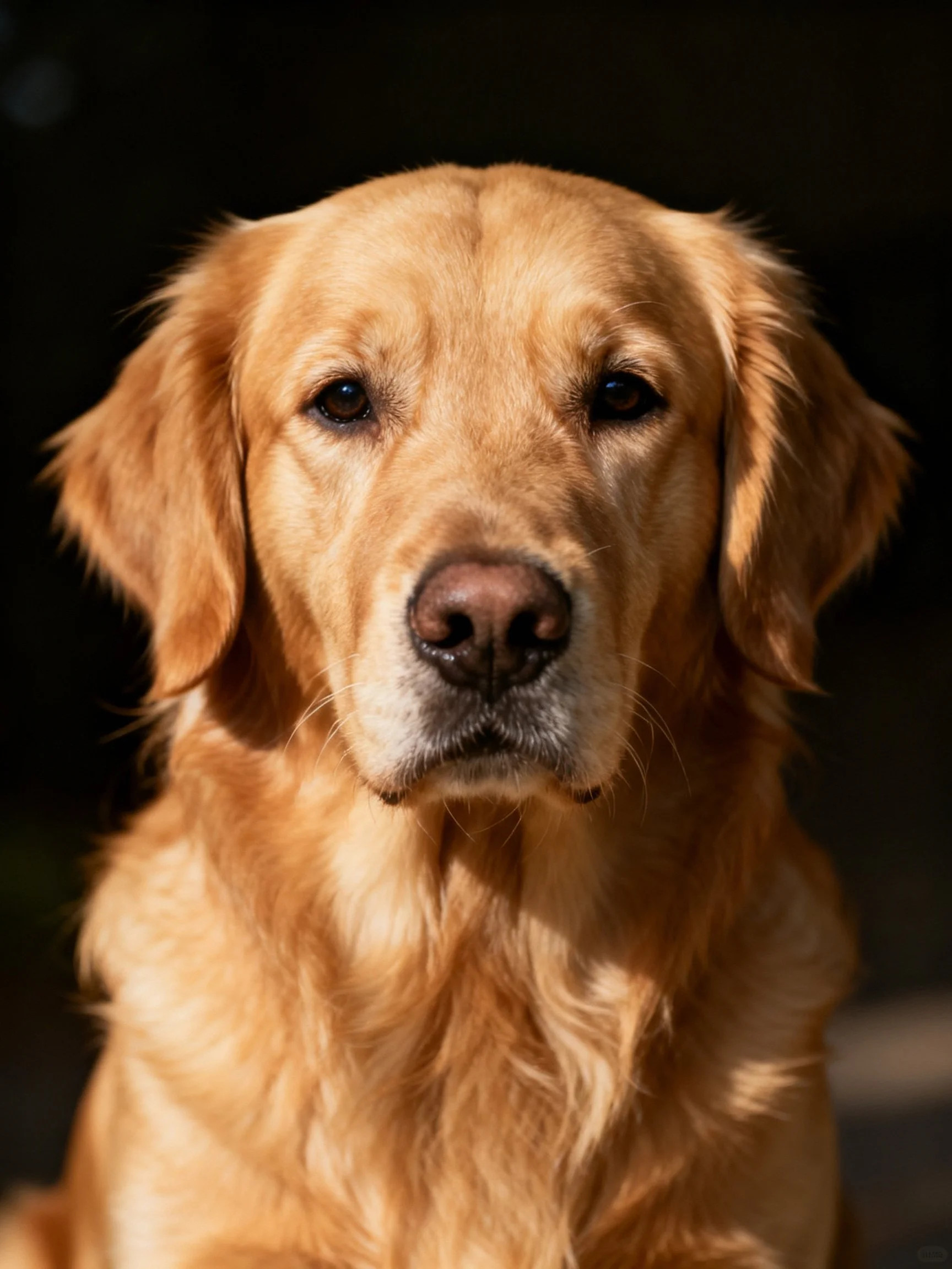 A golden retriever is photographed up close against a dark background.