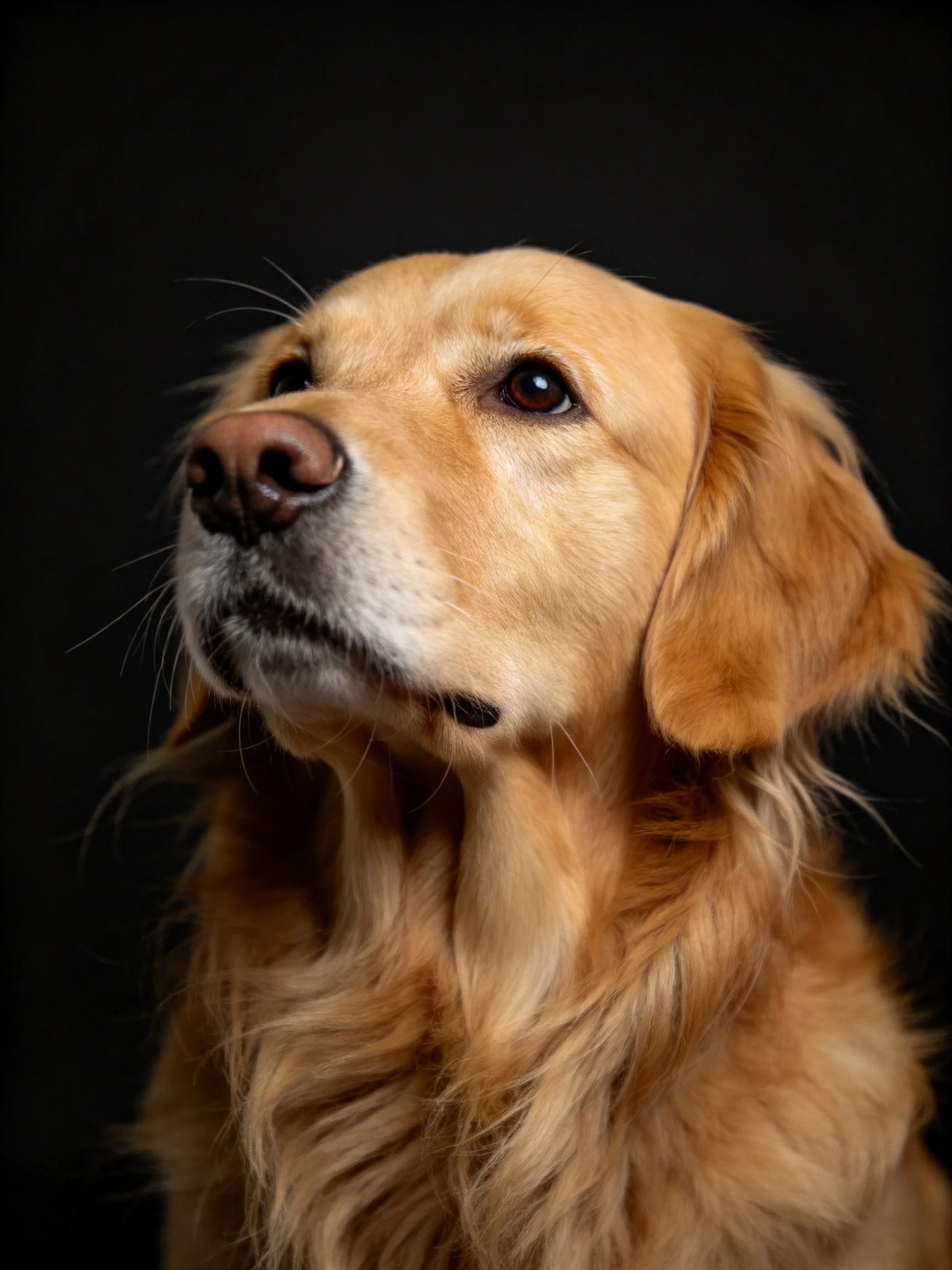 Golden retriever gazes thoughtfully with soft lighting accentuating its facial features.