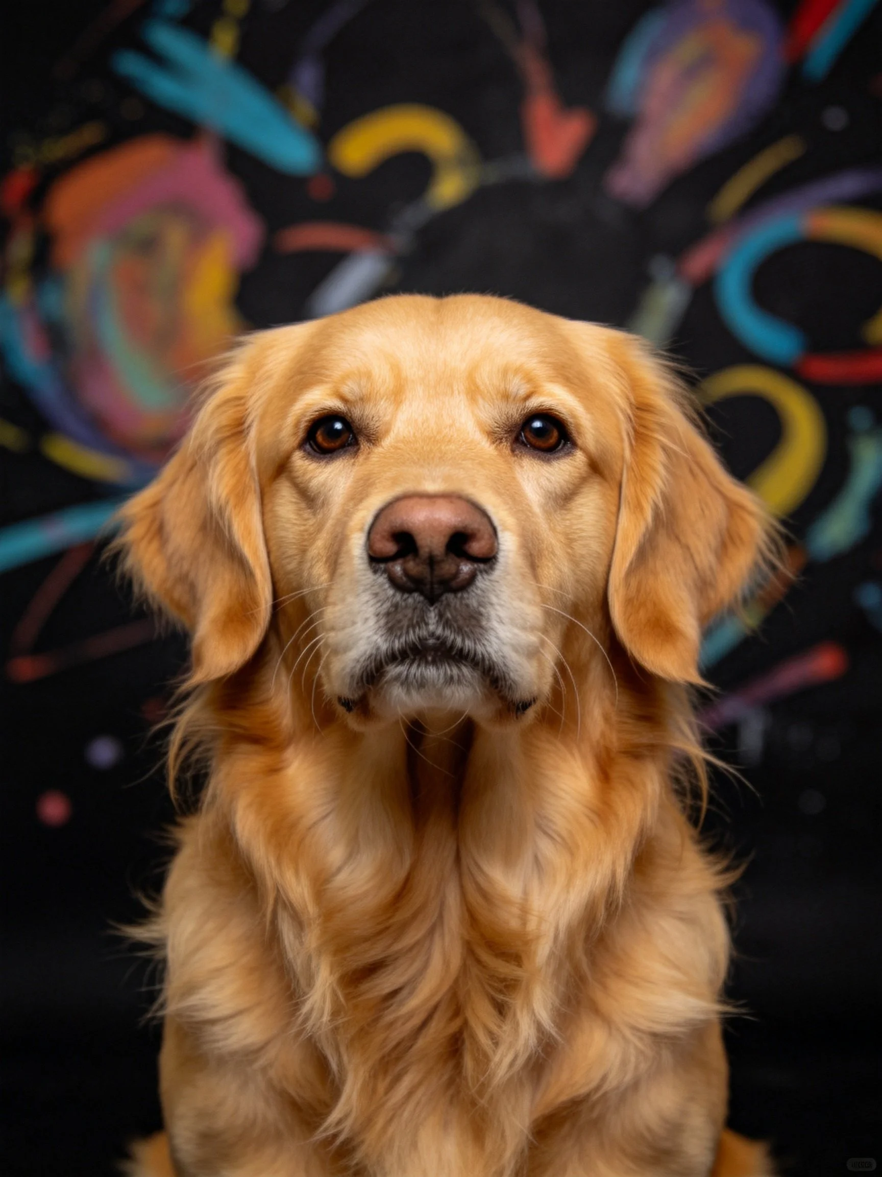 A golden retriever is photographed up close with a colorful abstract background