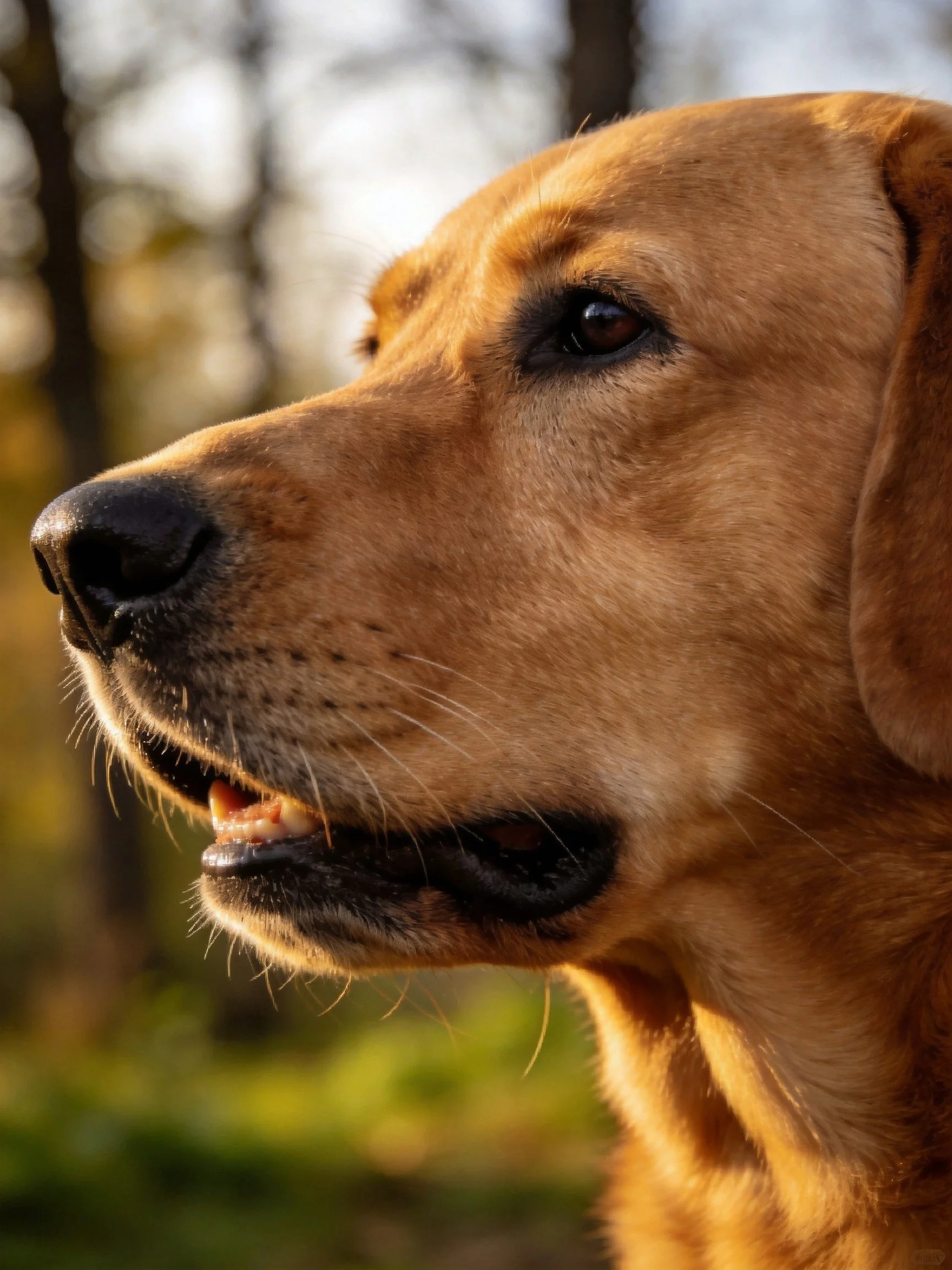 Golden retriever profile shot with warm lighting and blurred natural background