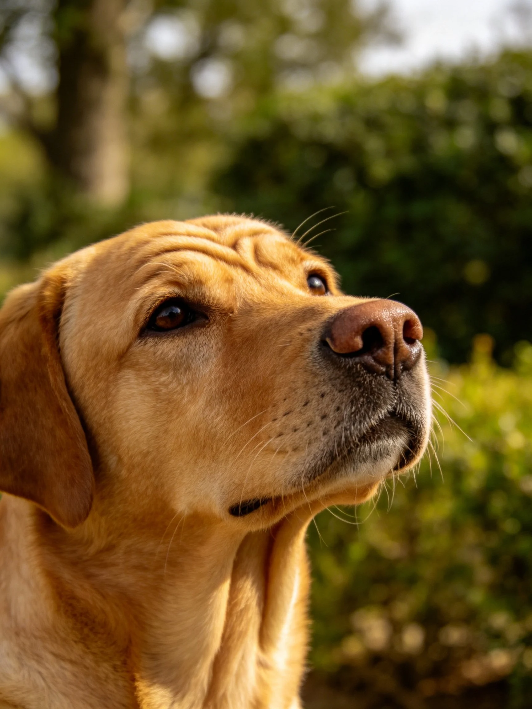 Golden retriever profile view with greenery backdrop