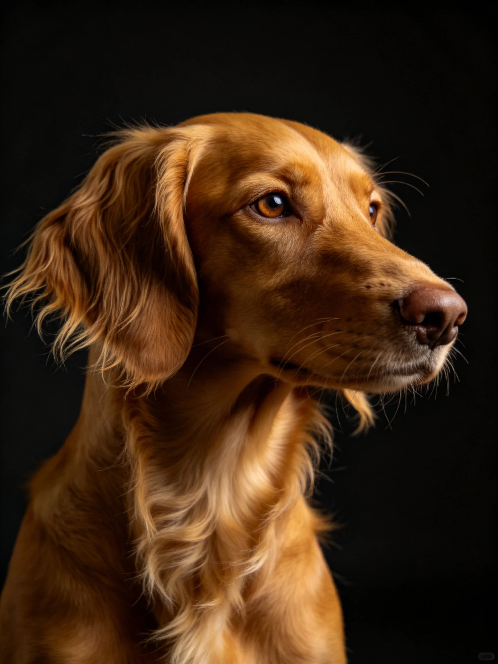 Golden retriever profile with warm lighting on black background