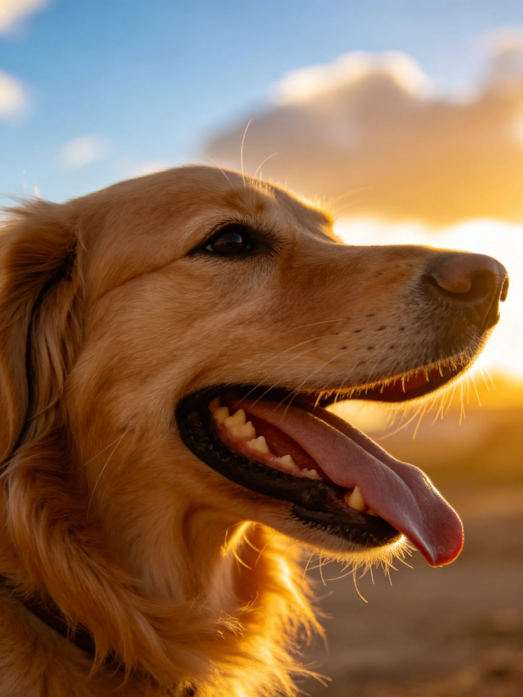 Golden retriever enjoys warm outdoor sunset ambiance