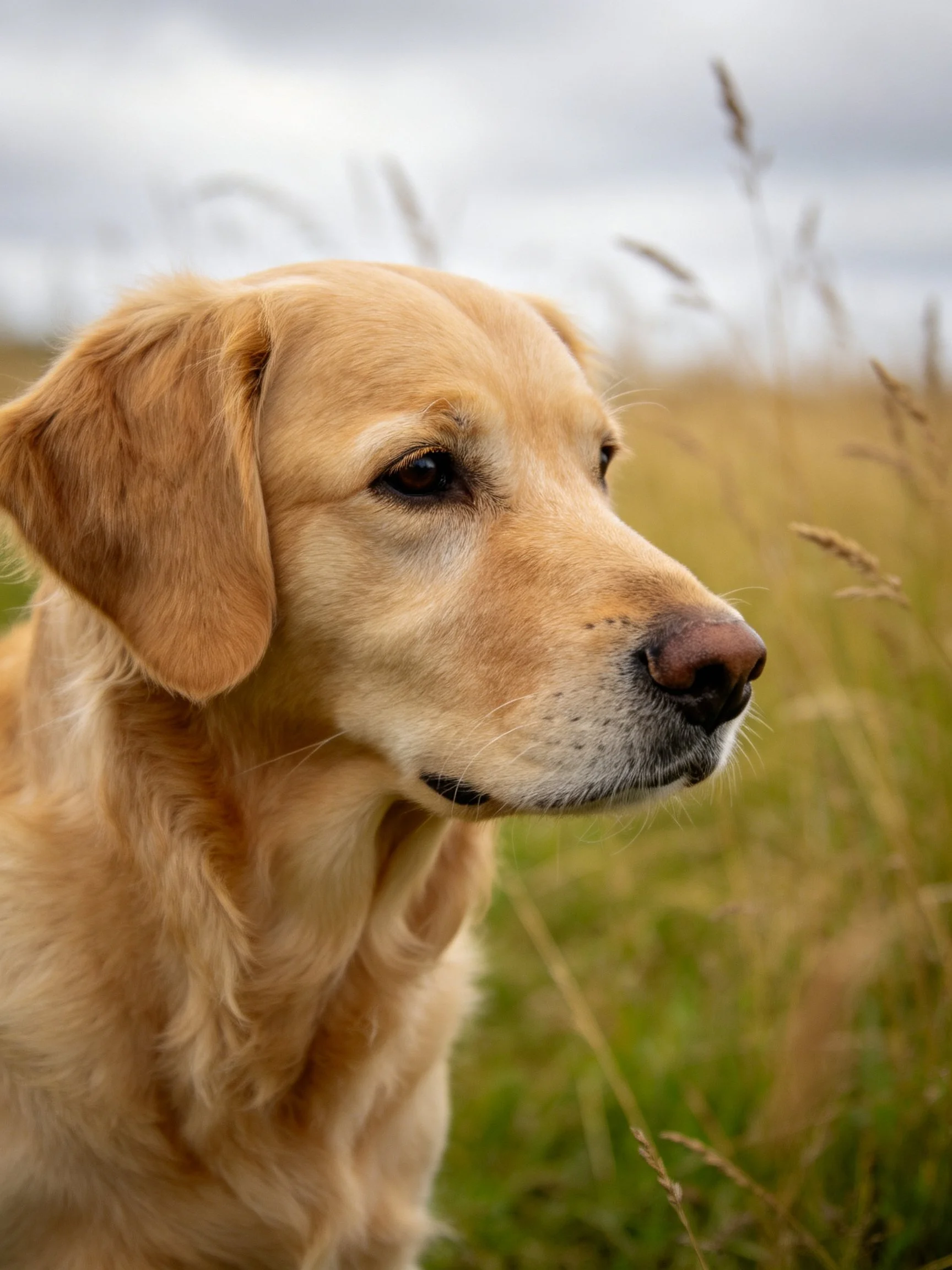 Golden retriever profiled in a sun-dappled grassy field