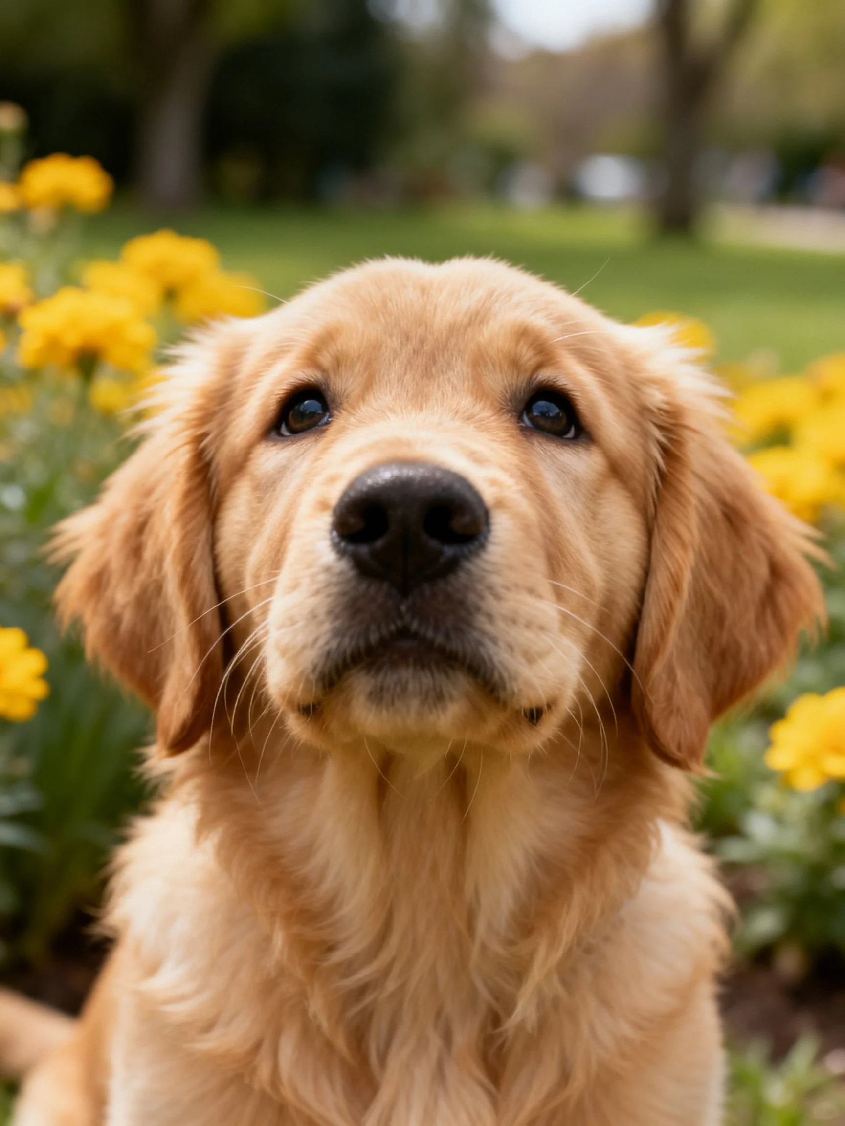 Golden retriever puppy stands among bright yellow flowers in a park.