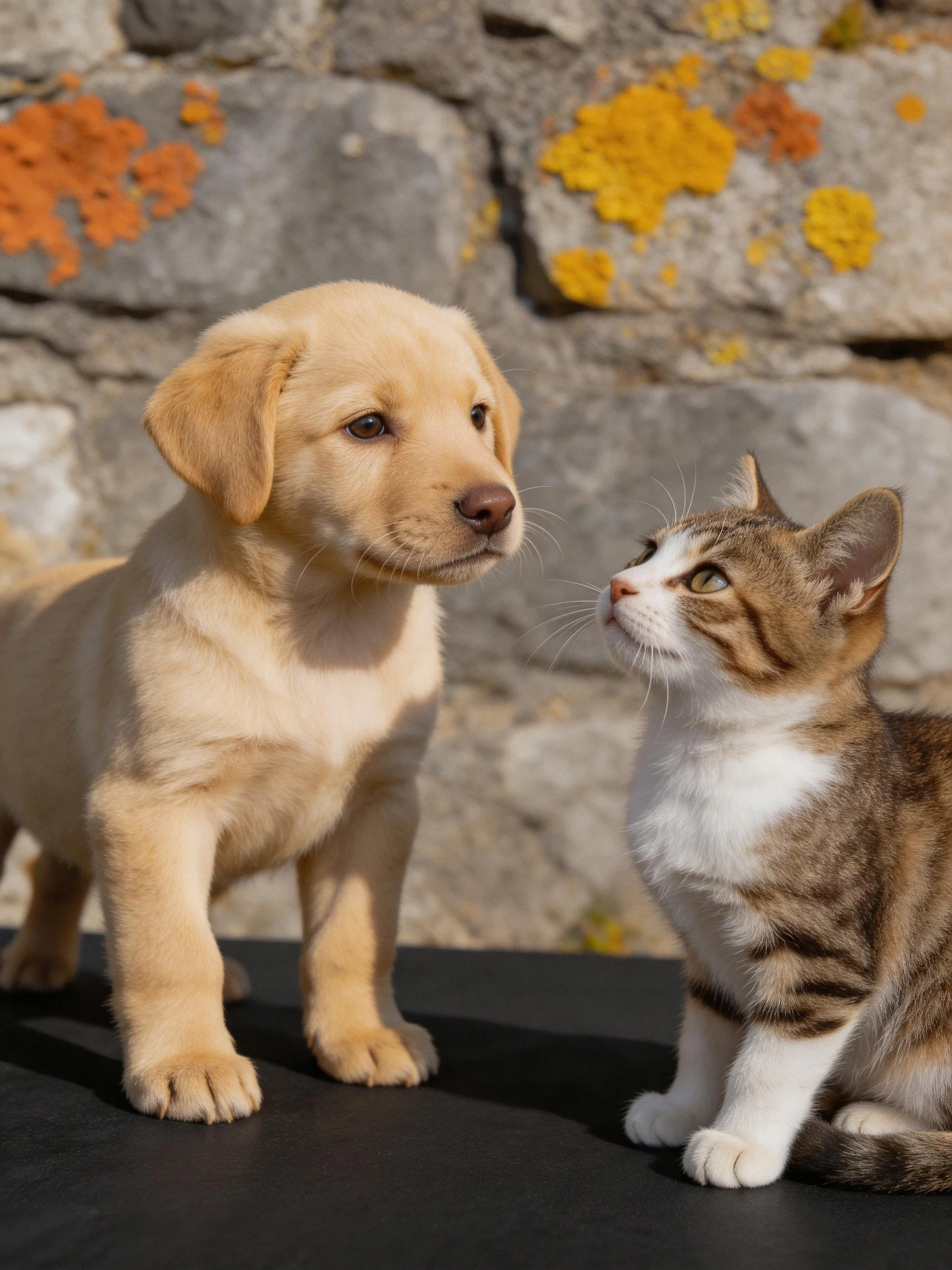 Two young pets interact beside a stone wall with colorful patches