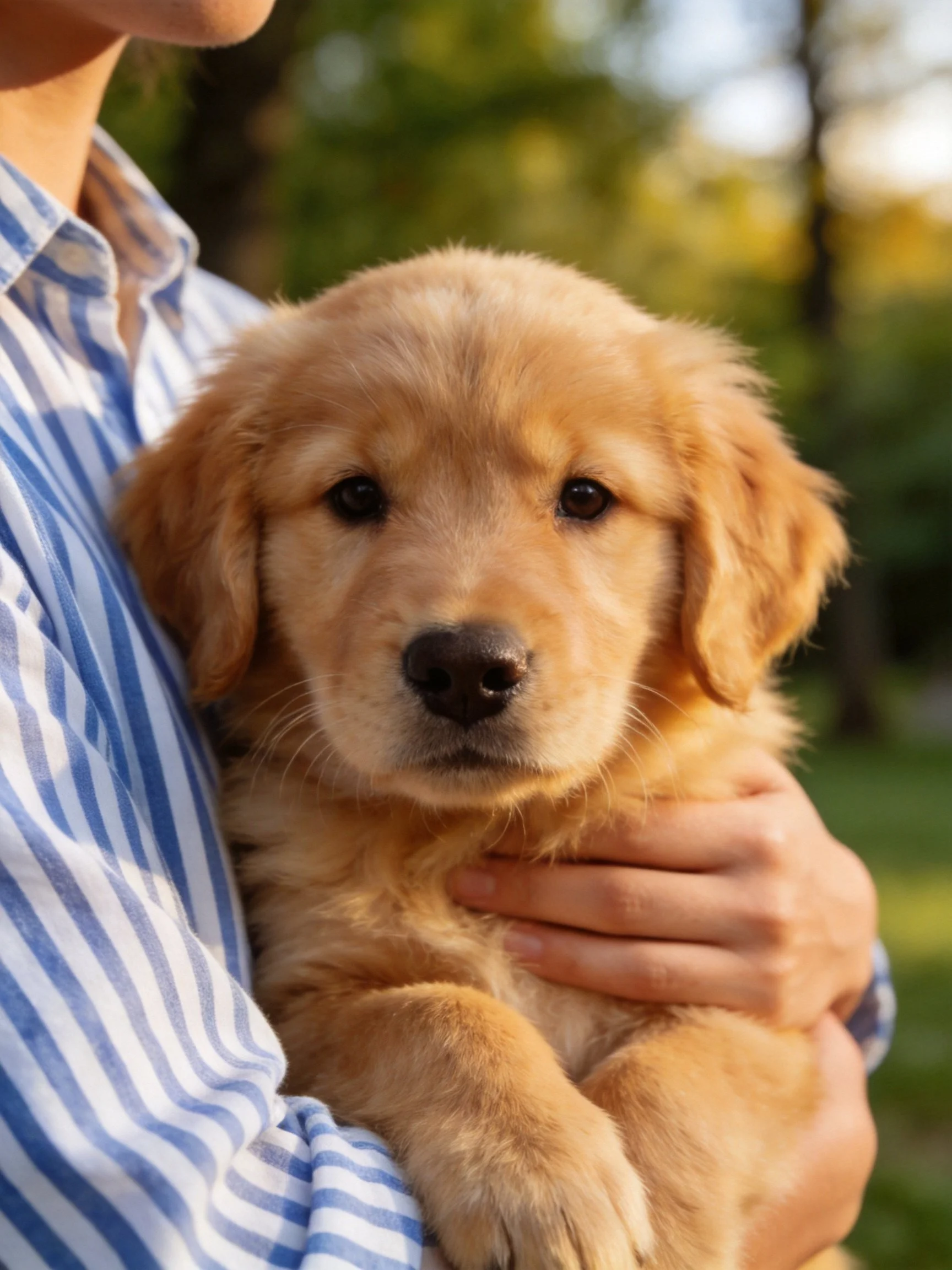 A golden retriever puppy is held by a person wearing a blue-and-white striped shirt.