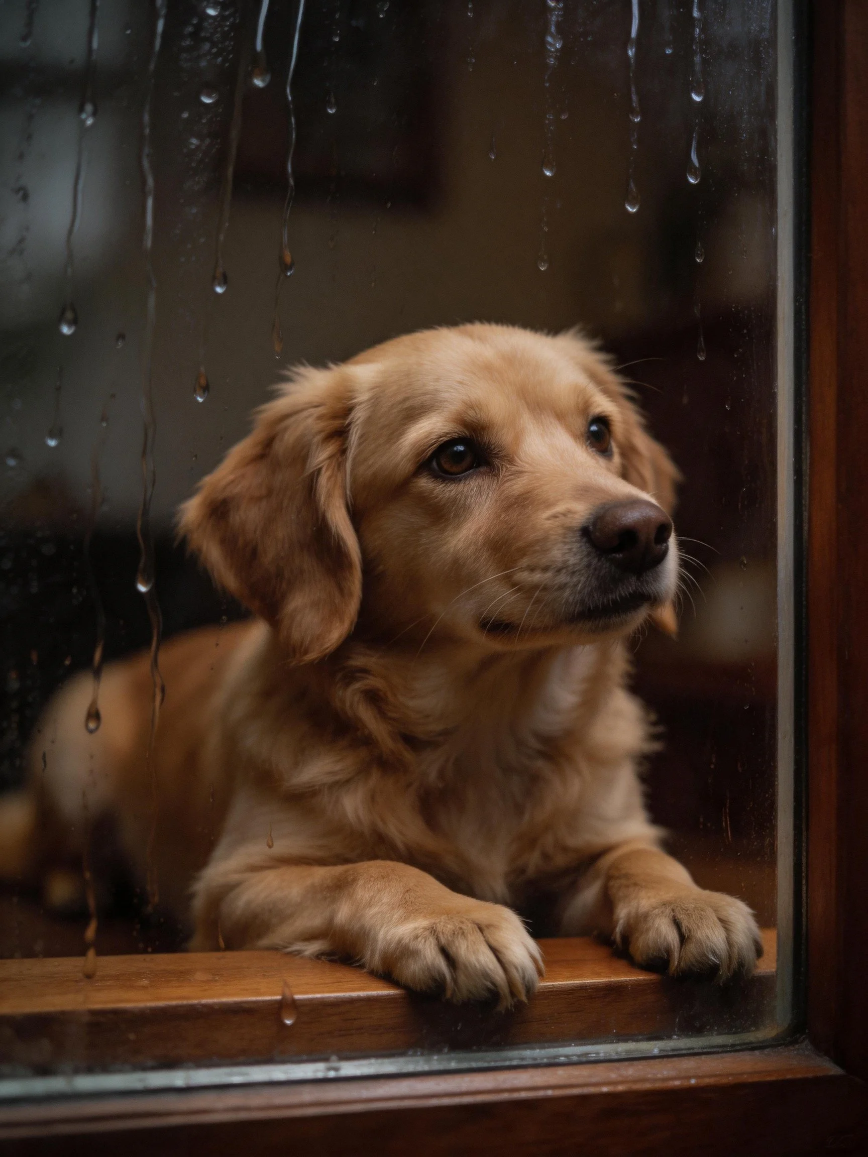 A golden retriever puppy gazes outside through a rain-dripped window.