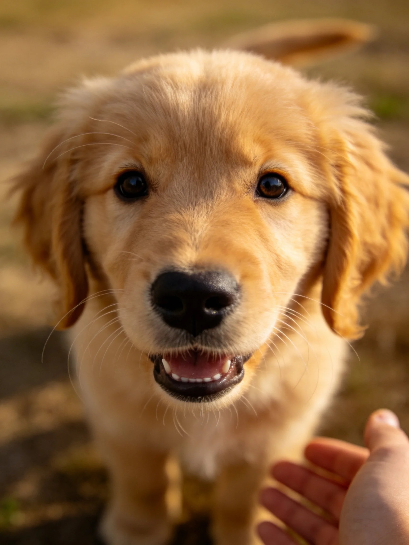 A golden retriever puppy looks toward a human hand reaching out.