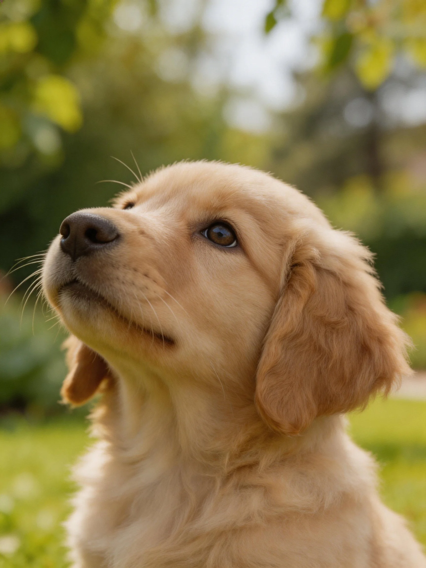 Golden retriever puppy gazing upward insunlit garden