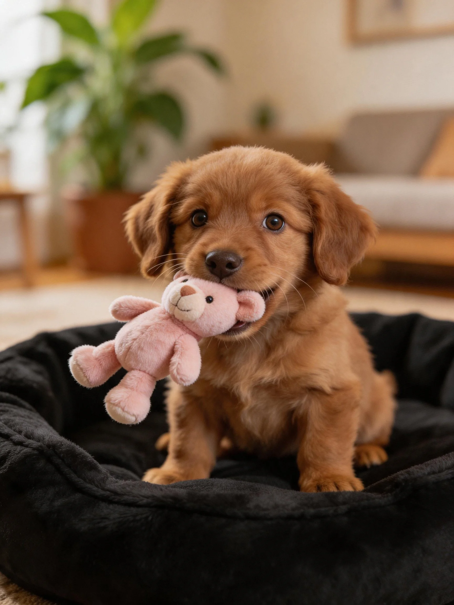 A golden retriever puppy plays with a pink teddy bear in a cozy living area.