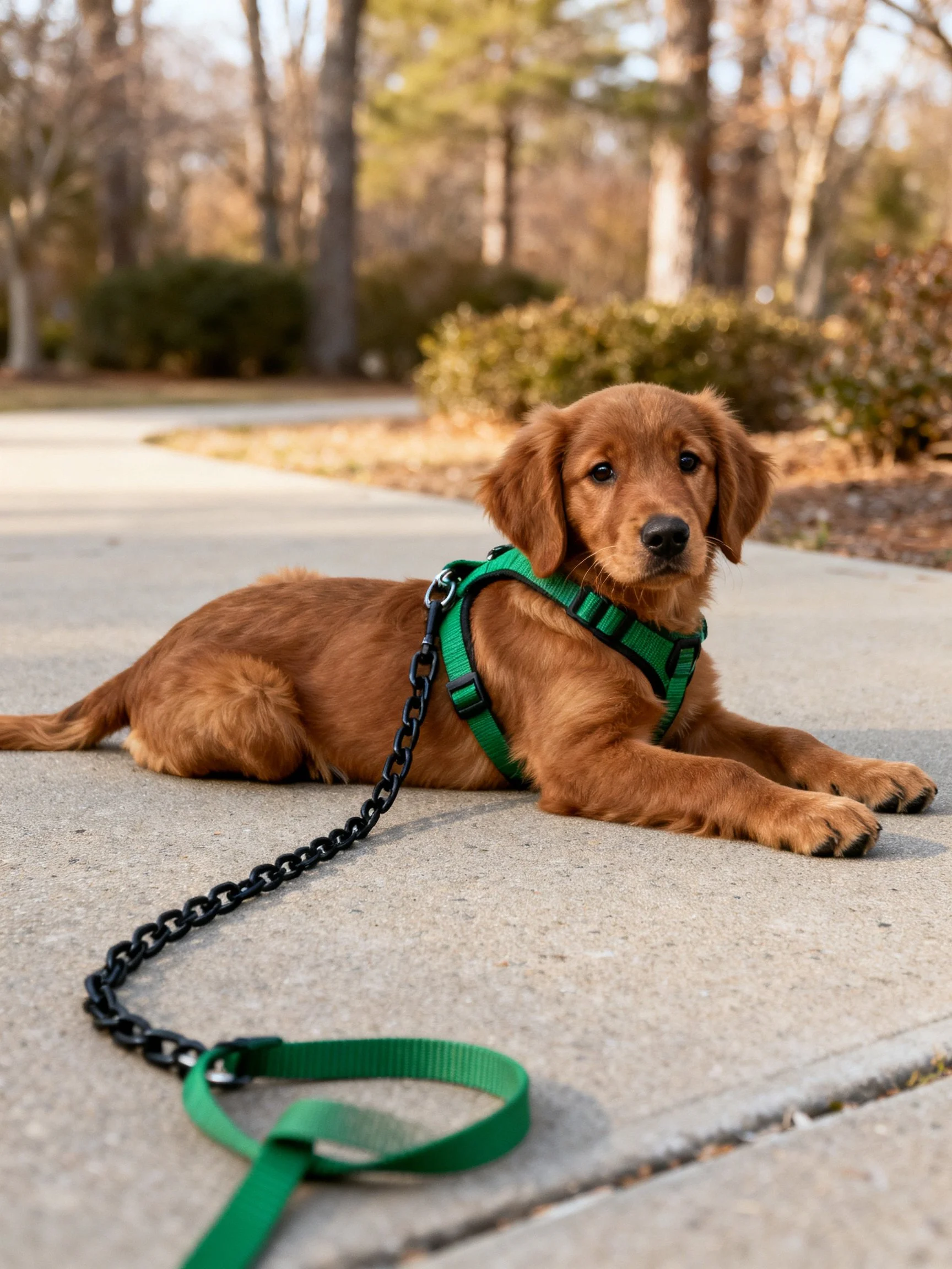 Golden retriever puppy in green harness rests on concrete path outdoors.