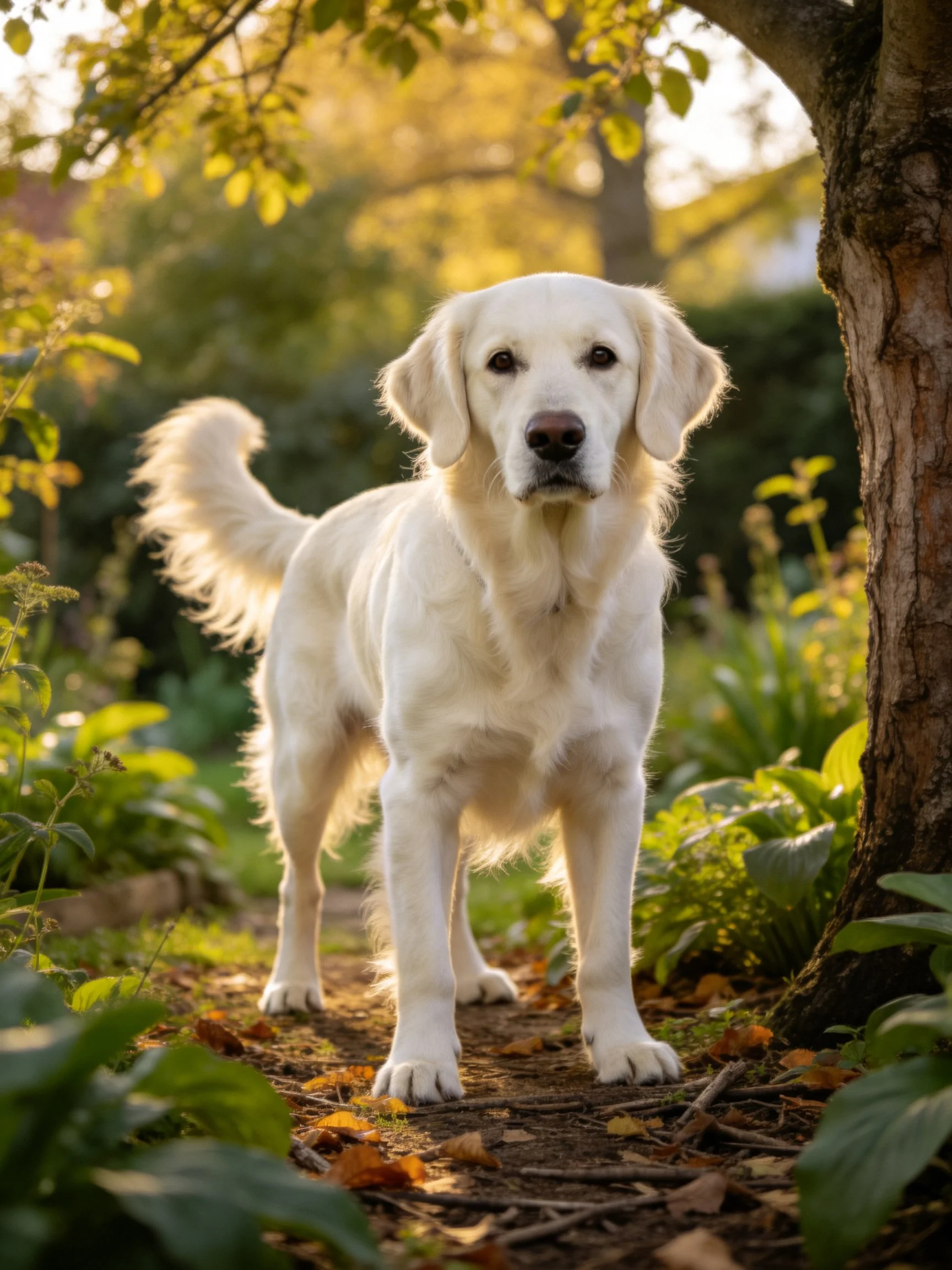 Golden retriever puppy stands calmly in sunlit garden.