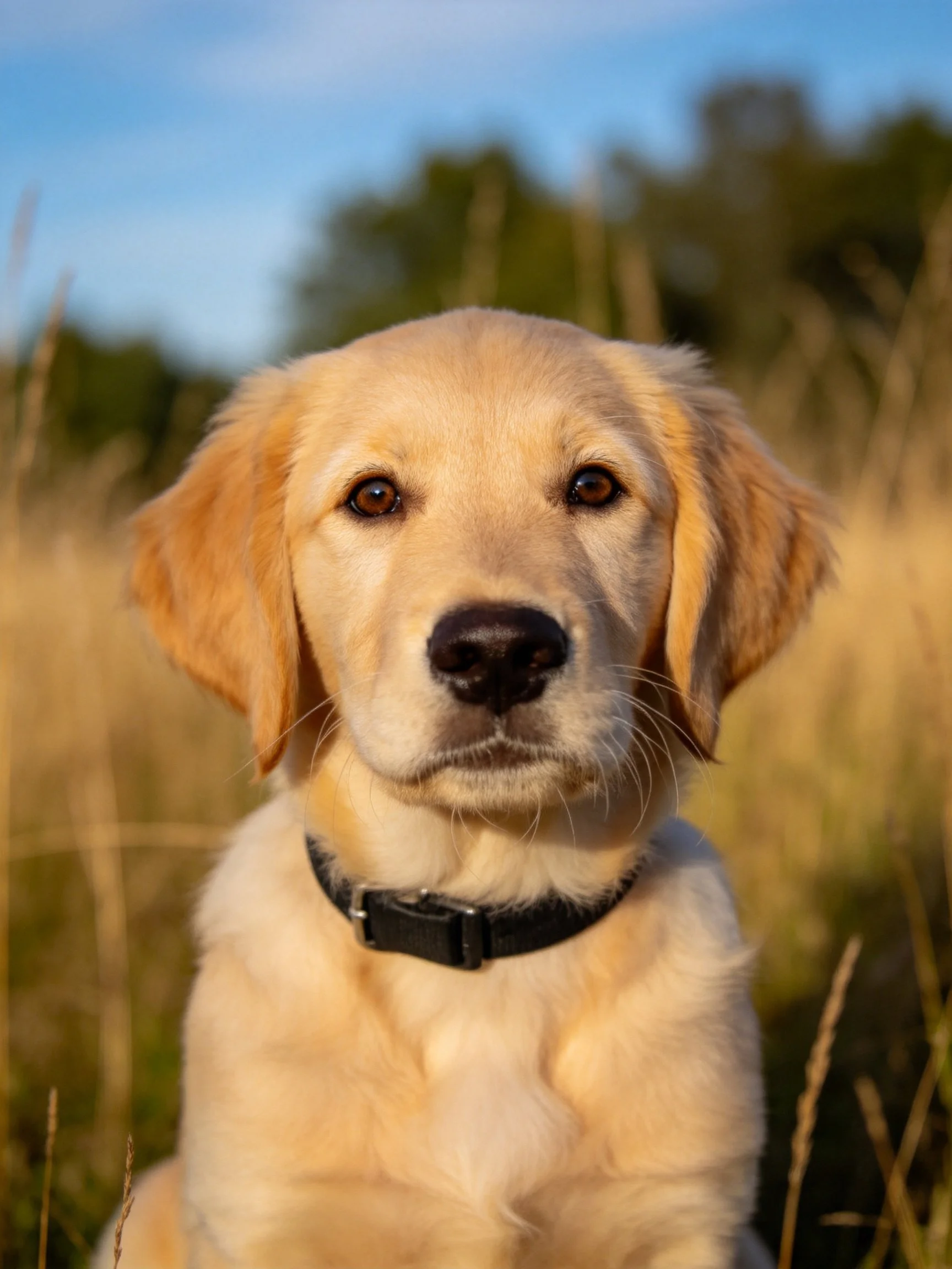 A golden retriever puppy sits calmly in a sunlit grassy area surrounded by trees.