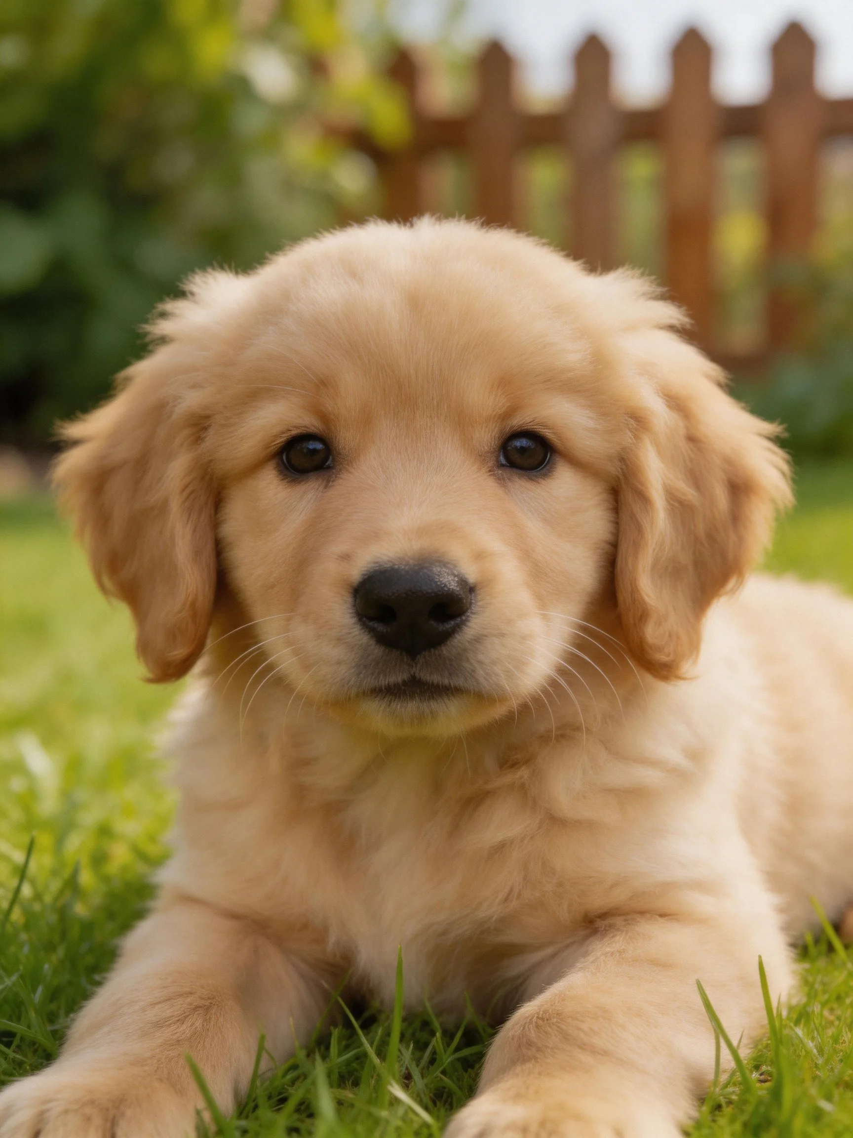 Golden retriever puppy rests on green grass near a wooden fence.