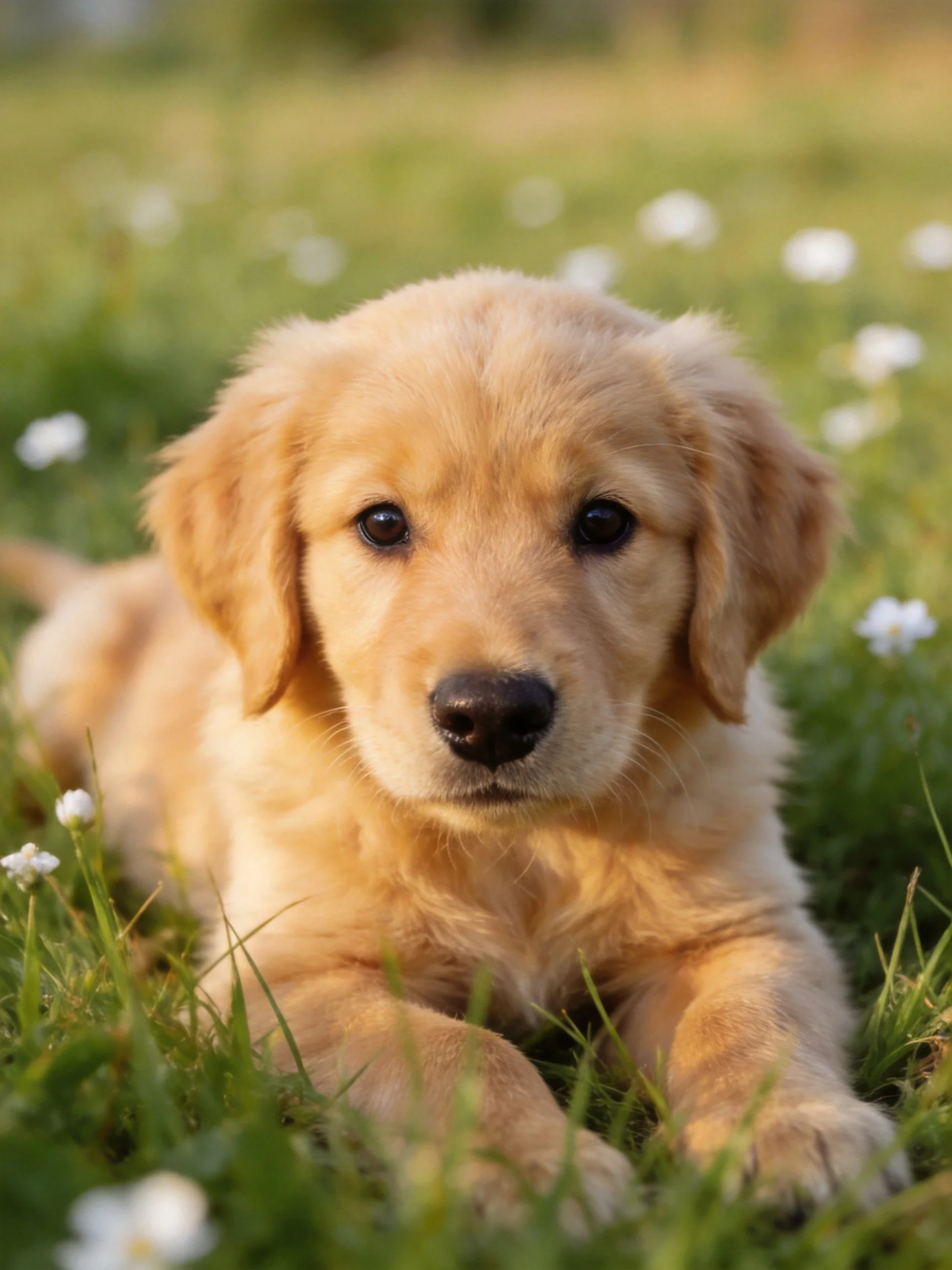A golden retriever puppy rests peacefully amid white flowers and green grass.