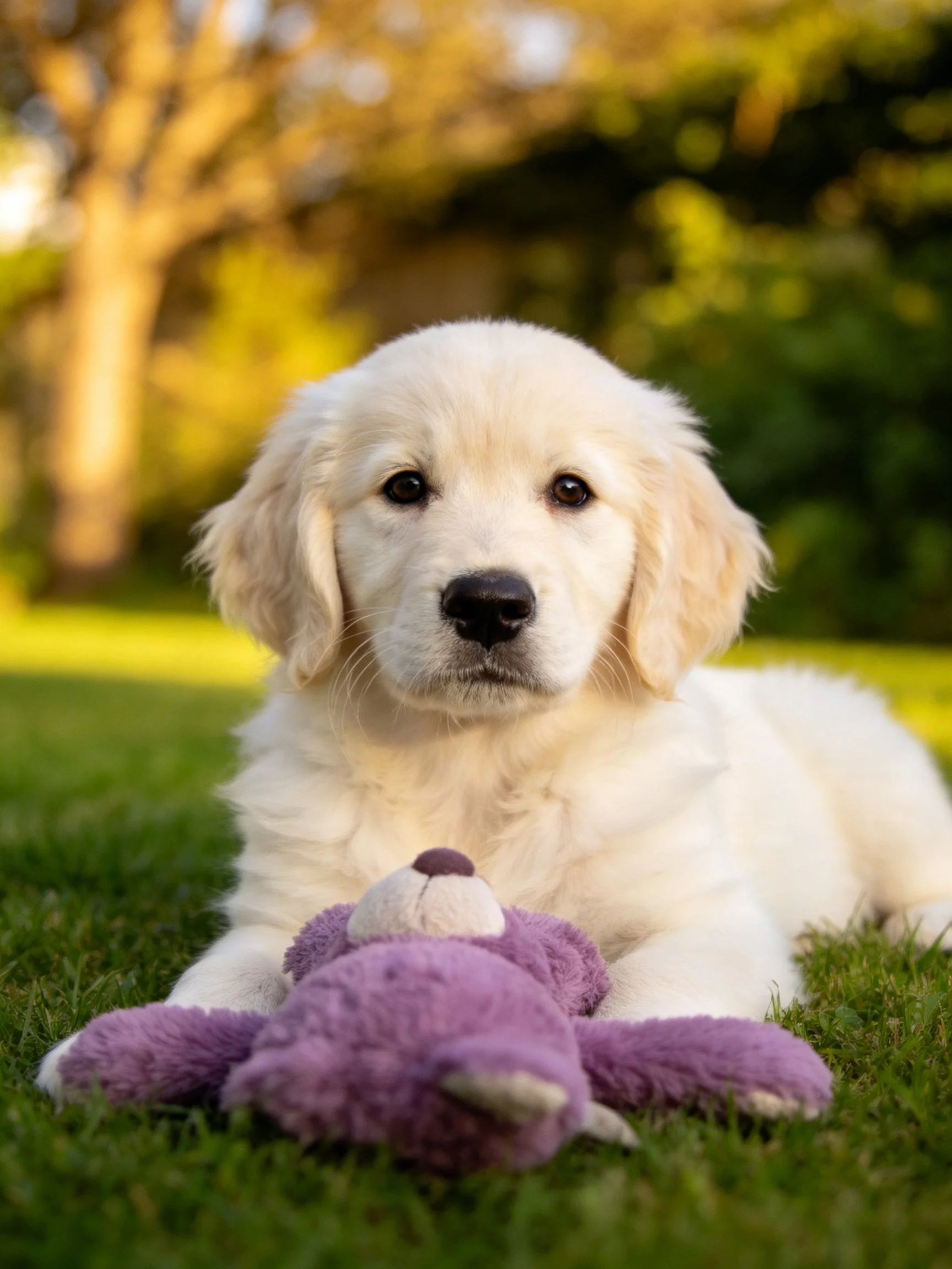 A golden retriever puppy rests on grass next to a purple stuffed toy in an outdoor setting.