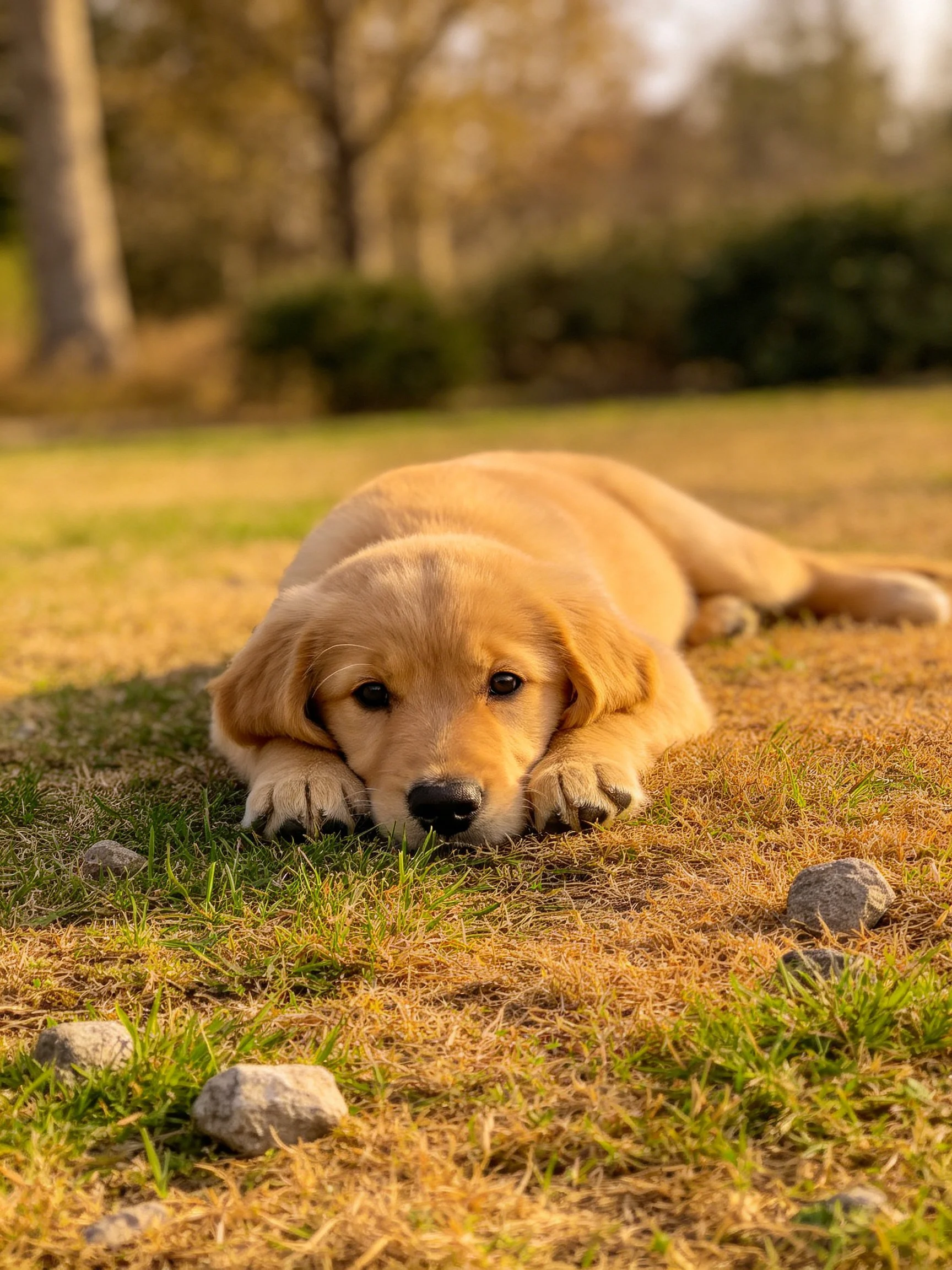 A golden retriever puppy lies on grass with rocks in a sunny outdoor setting.