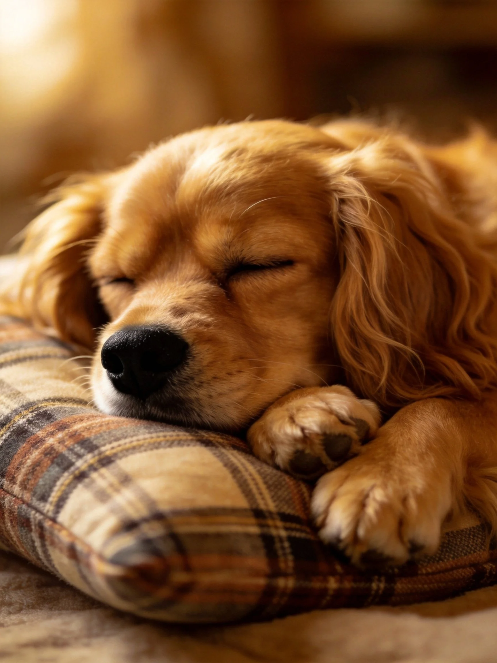 Golden retriever puppy napping on a plaid-patterned cushion