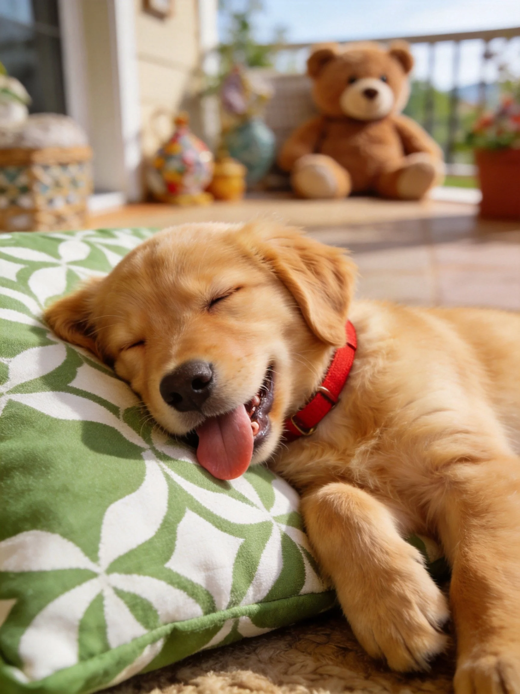 Golden retriever puppy napping on green patterned cushion near teddy bear