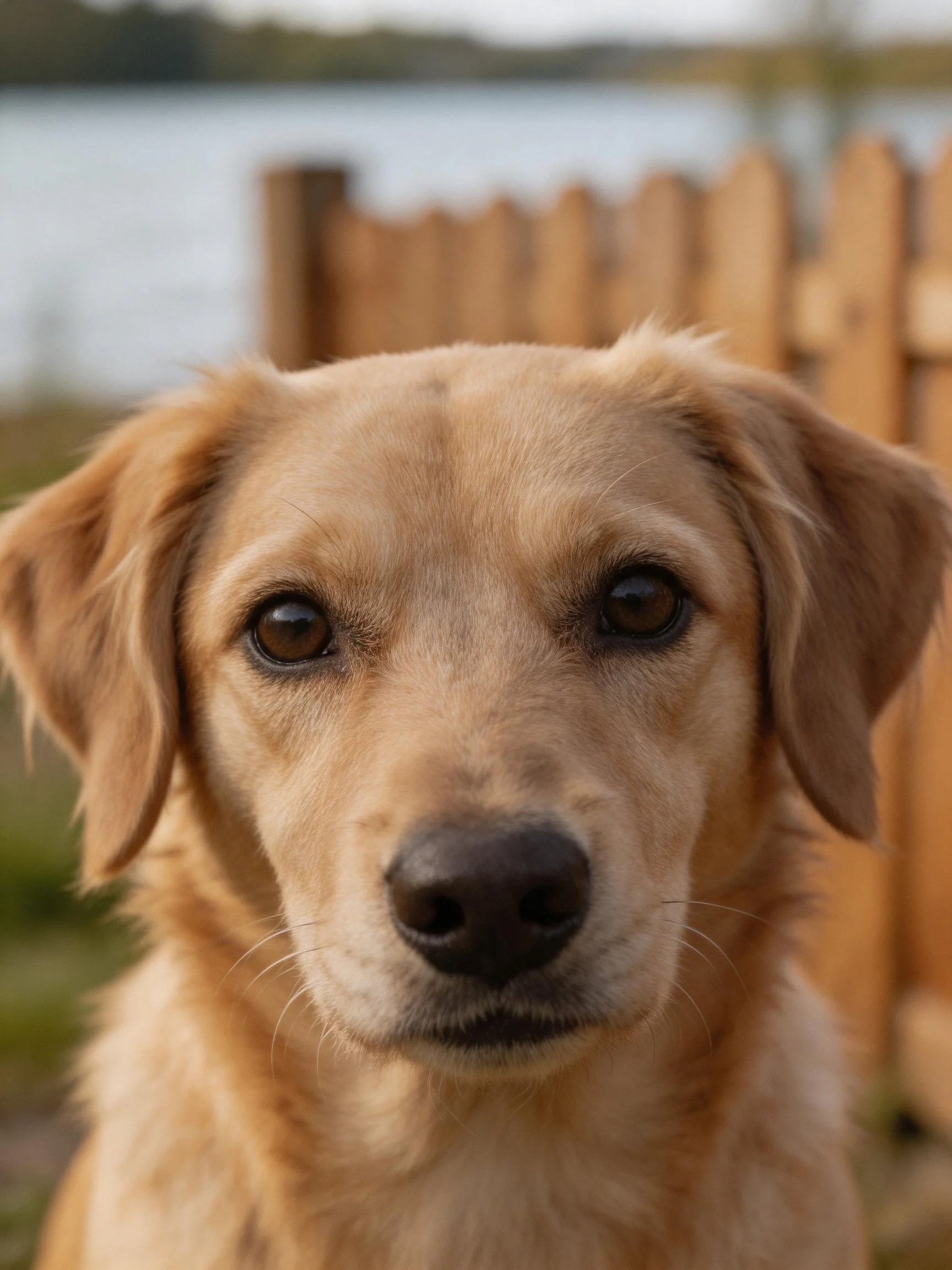 A golden retriever puppy looks directly at the camera beside a wooden fence.