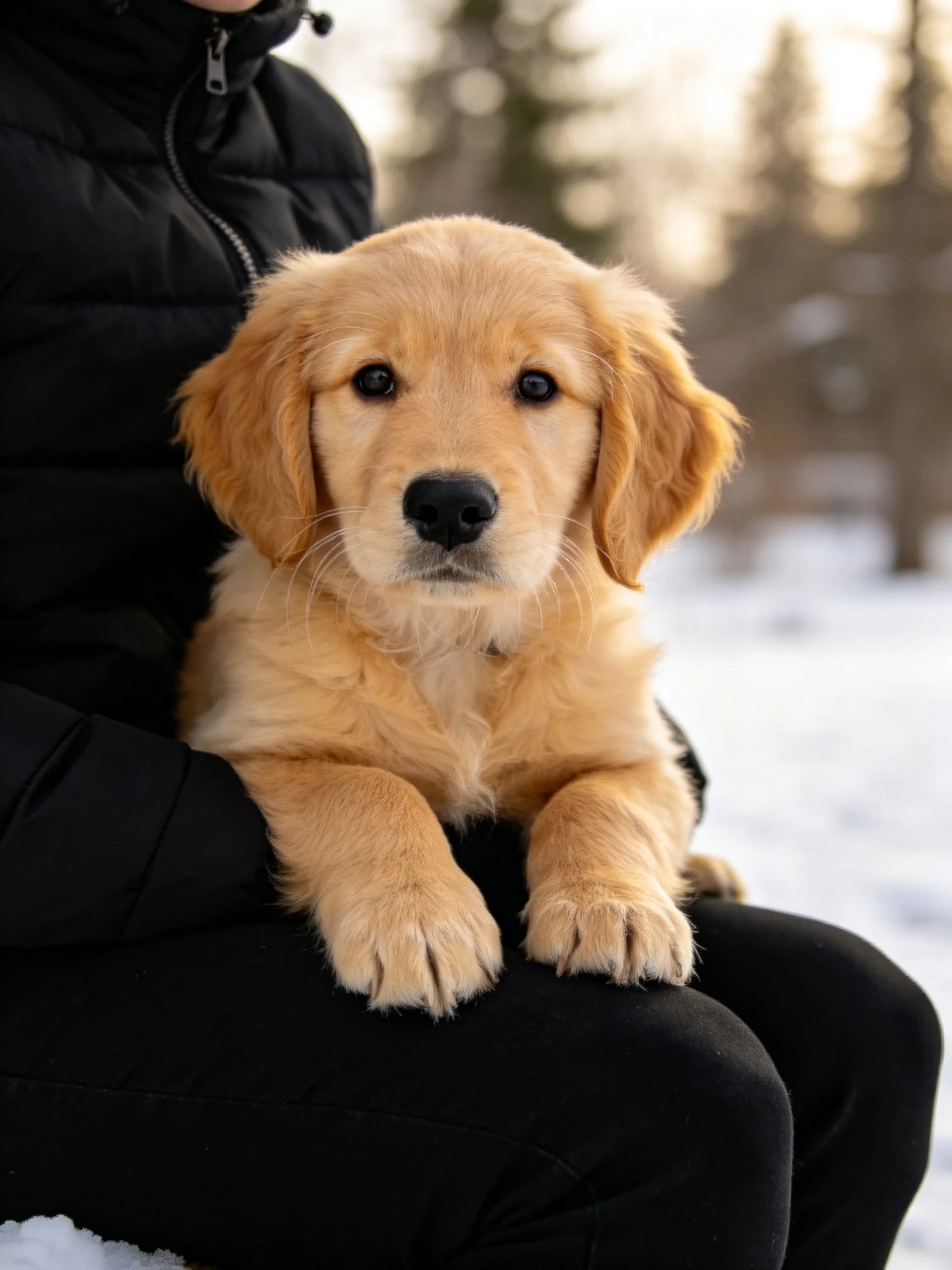 A golden retriever puppy rests calmly on someones lap amid a wintry landscape.