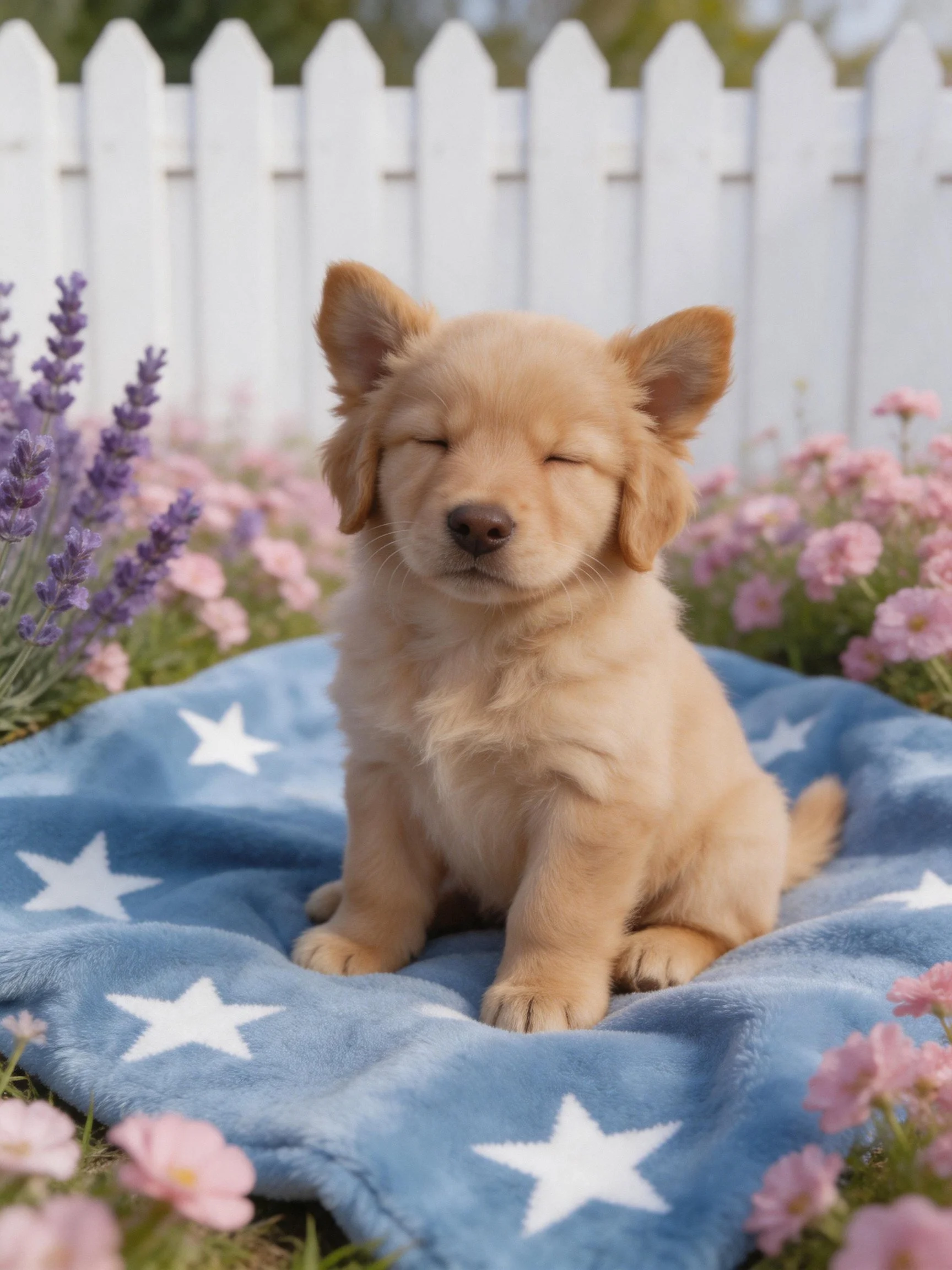 A golden retriever puppy relaxes on a star-patterned blanket amid flowers and a white fence.