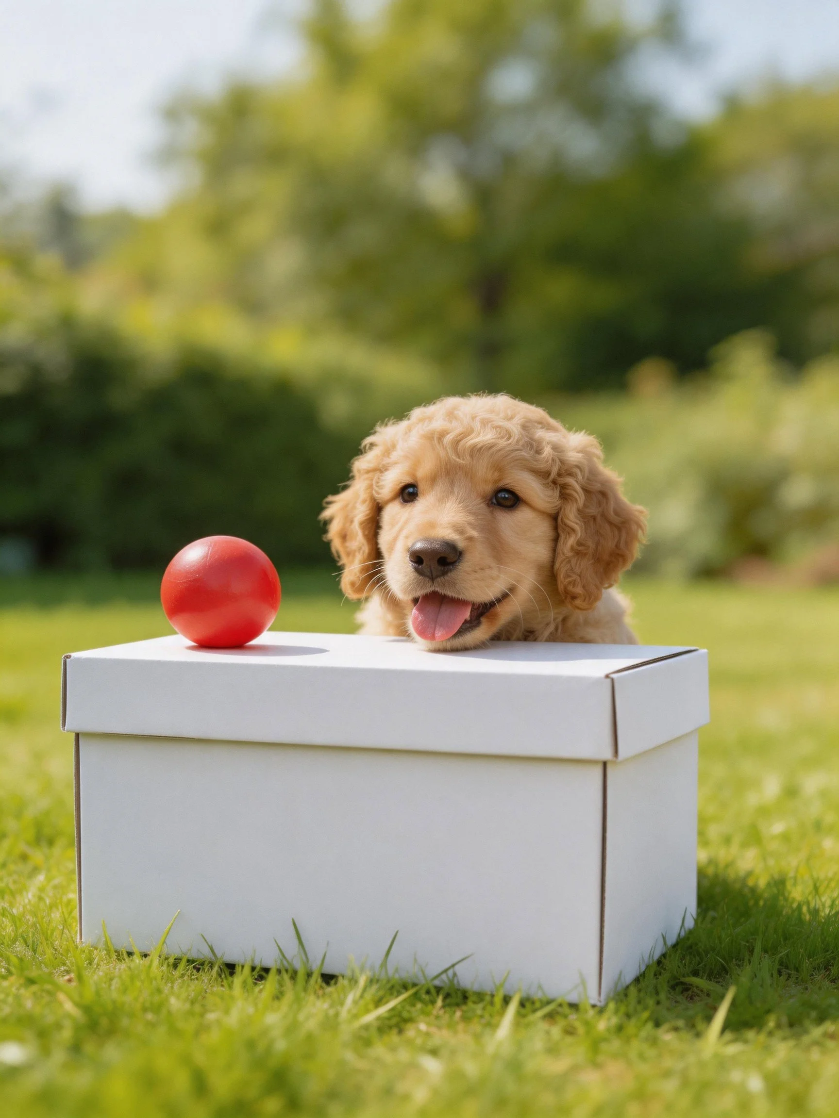 Golden retriever puppy peeks from white box with red ball in sunny outdoor area.
