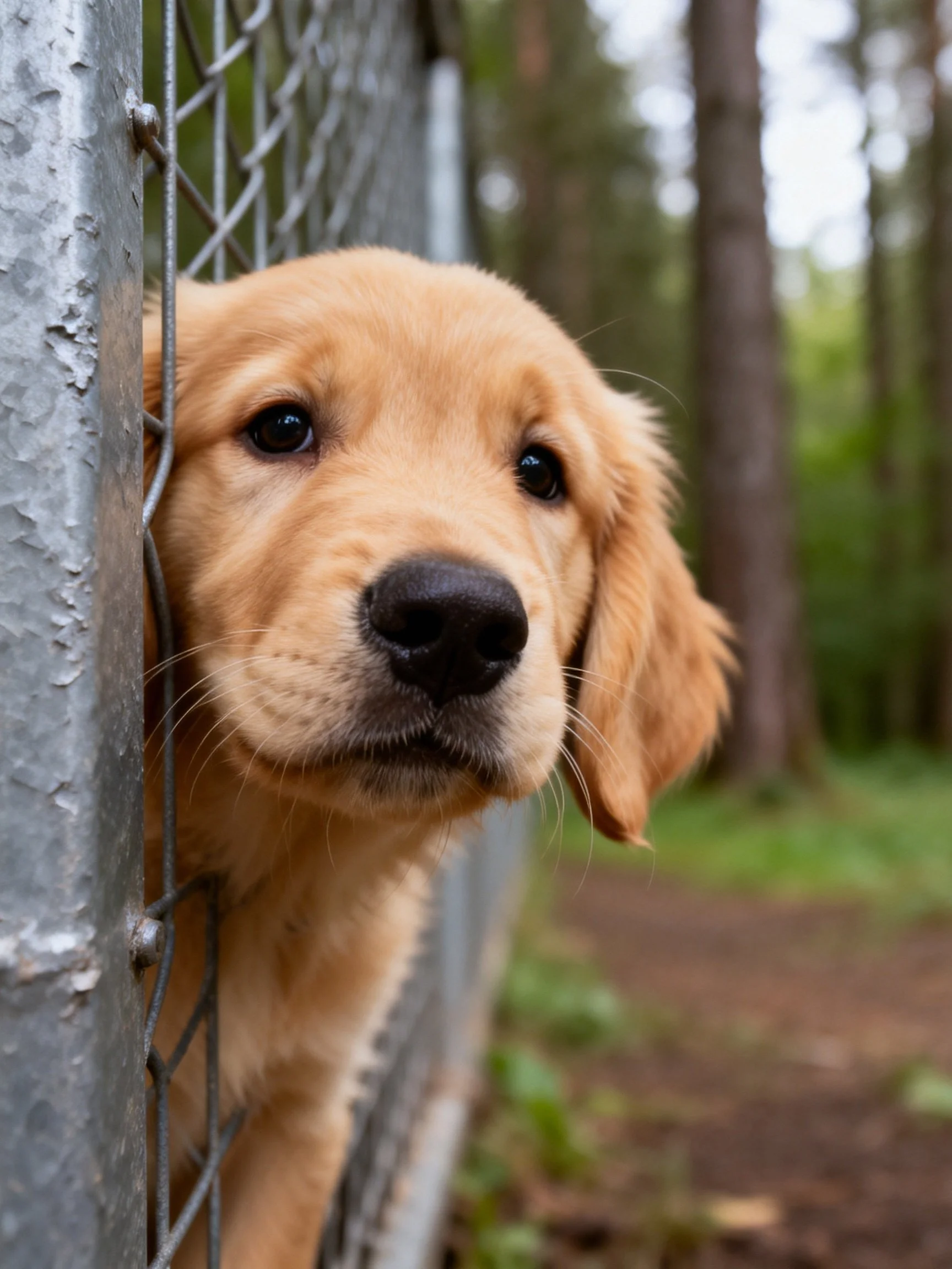 Golden retriever puppy peers from a chain-link fence in a wooded area