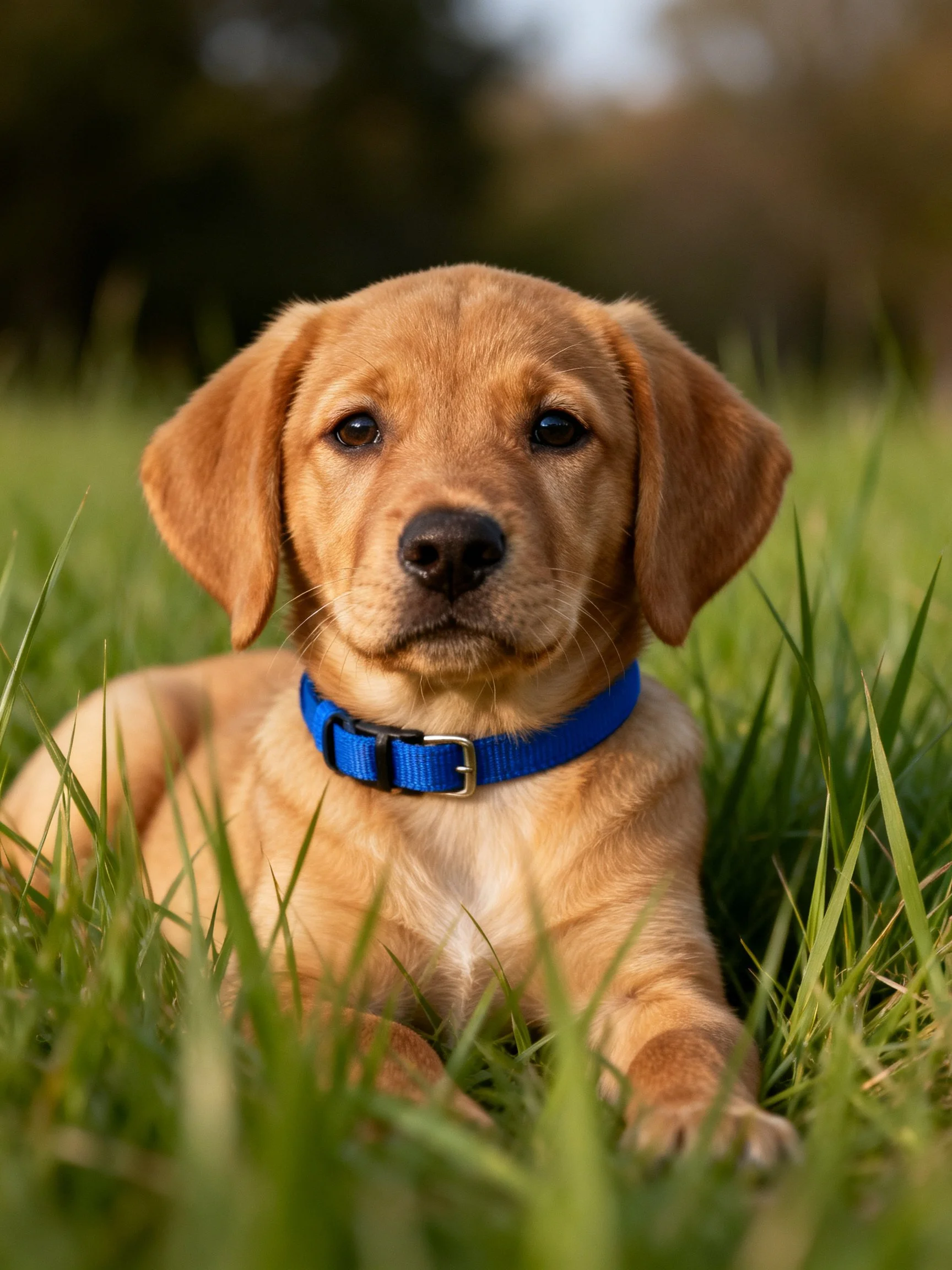 Golden retriever puppy lies calmly among tall green grass while wearing a blue collar.