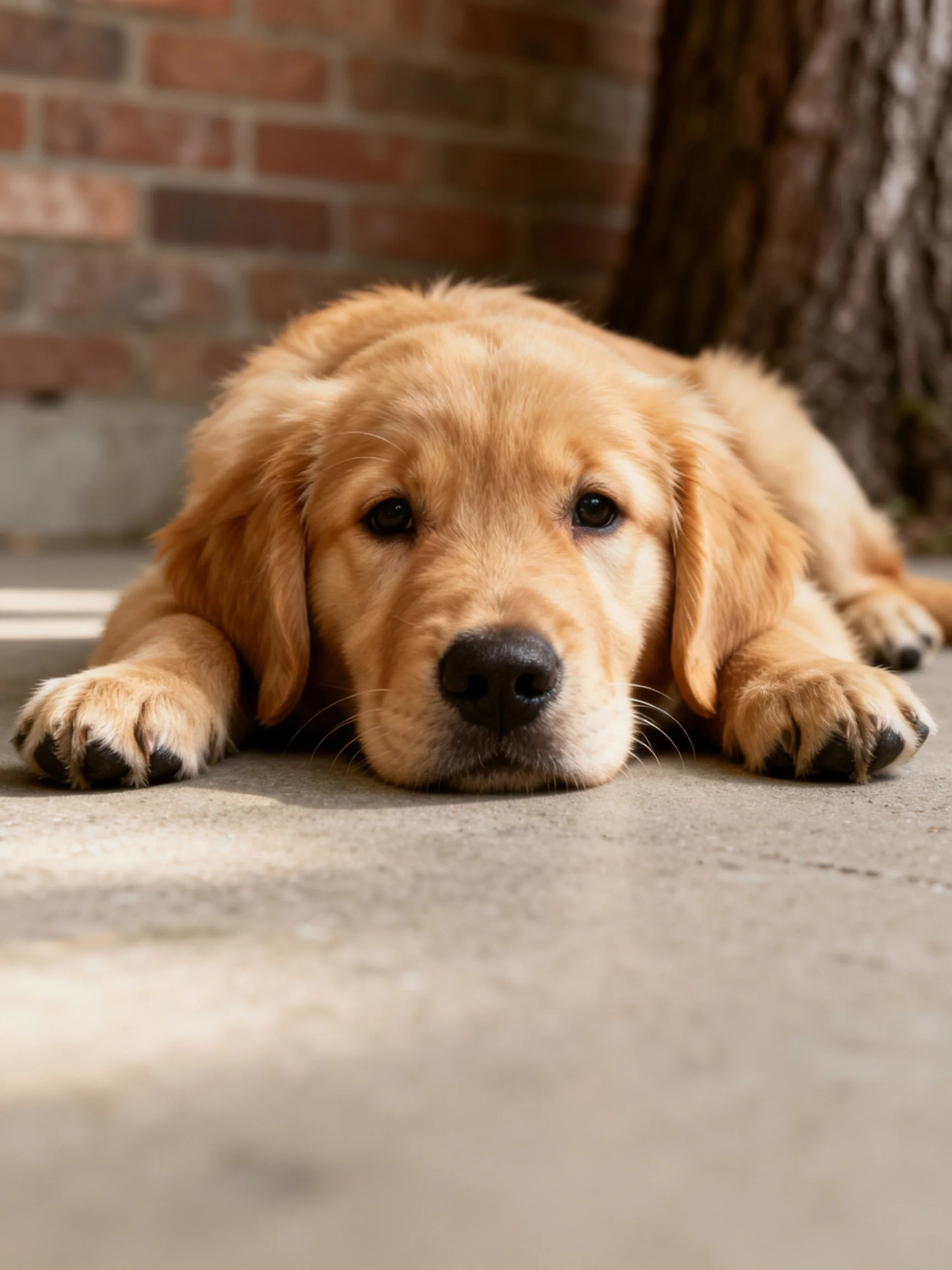 A golden retriever puppy rests peacefully on a concrete surface with a brick wall and tree trunk in the background.