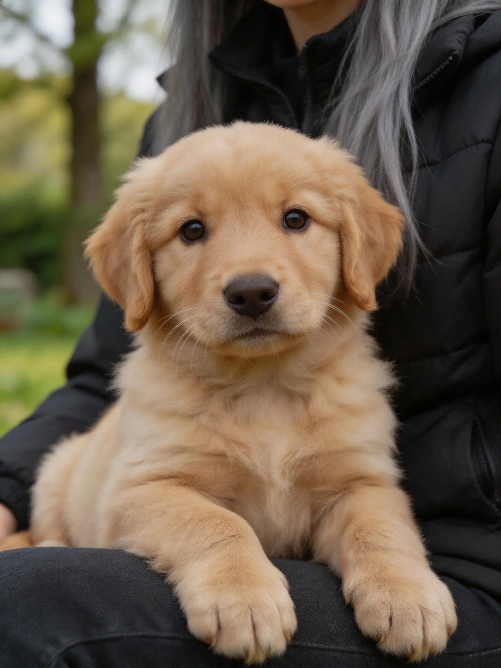 Golden retriever puppy rests calmly on a persons lap outdoors.